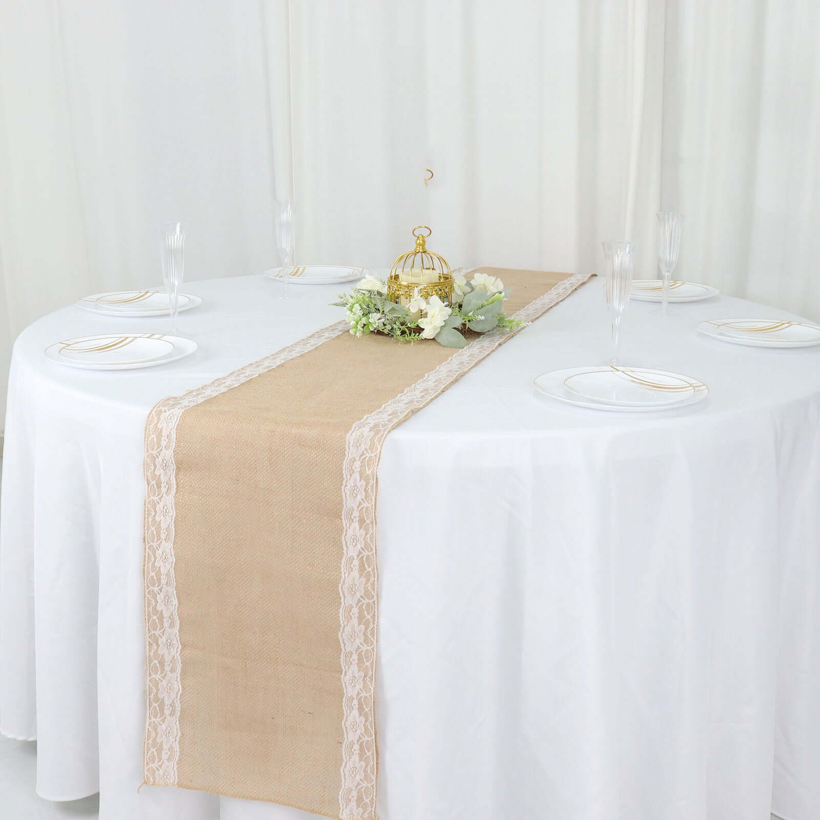 Burlap Jute 14x104 Table Runner Natural With White Lace Trim Edges - Rustic Vintage Tabletop Decor