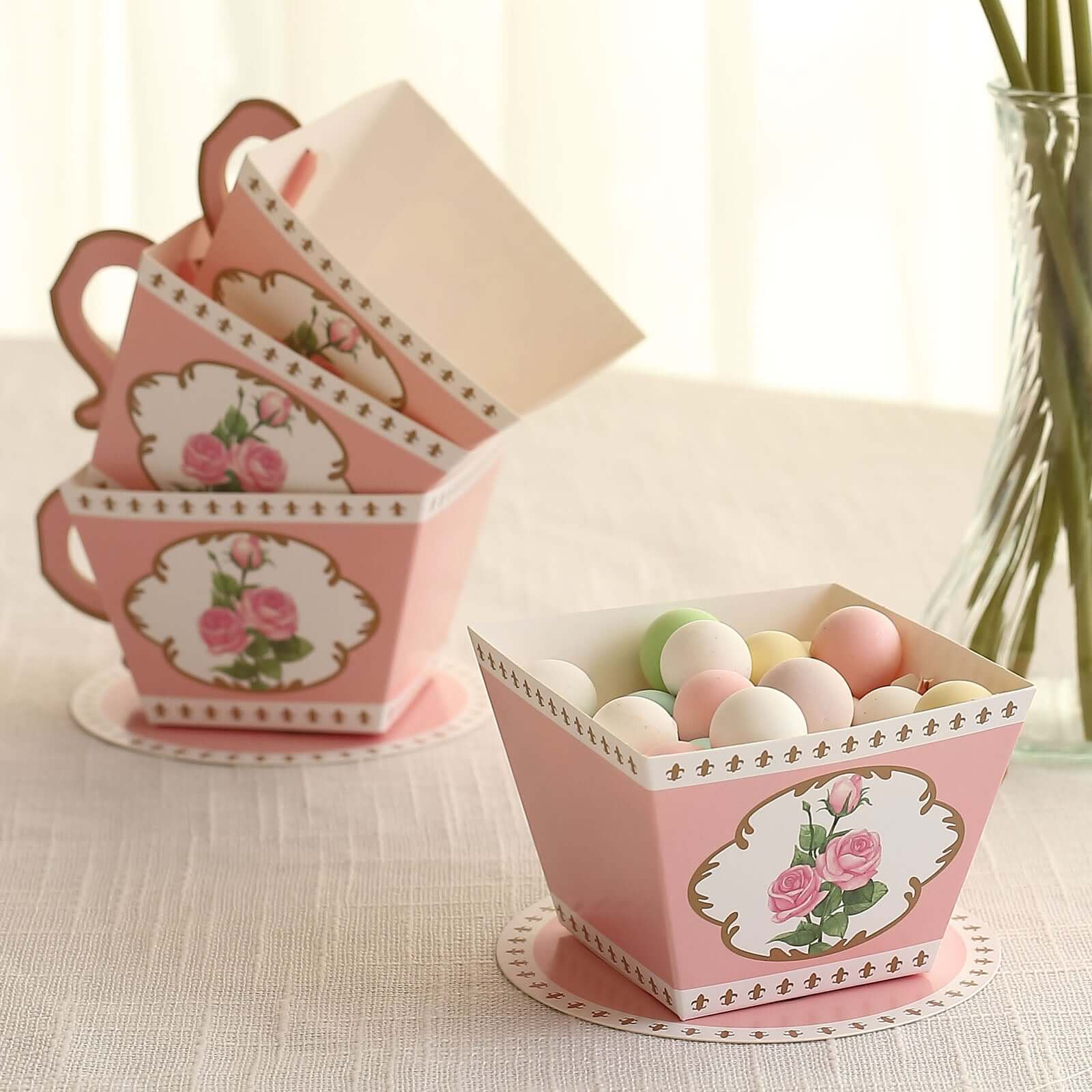 25 Pack Dusty Rose Mini Teacup and Saucer Party Favor Boxes with Rose Floral Print, Tea Time Candy Boxes - 4x3