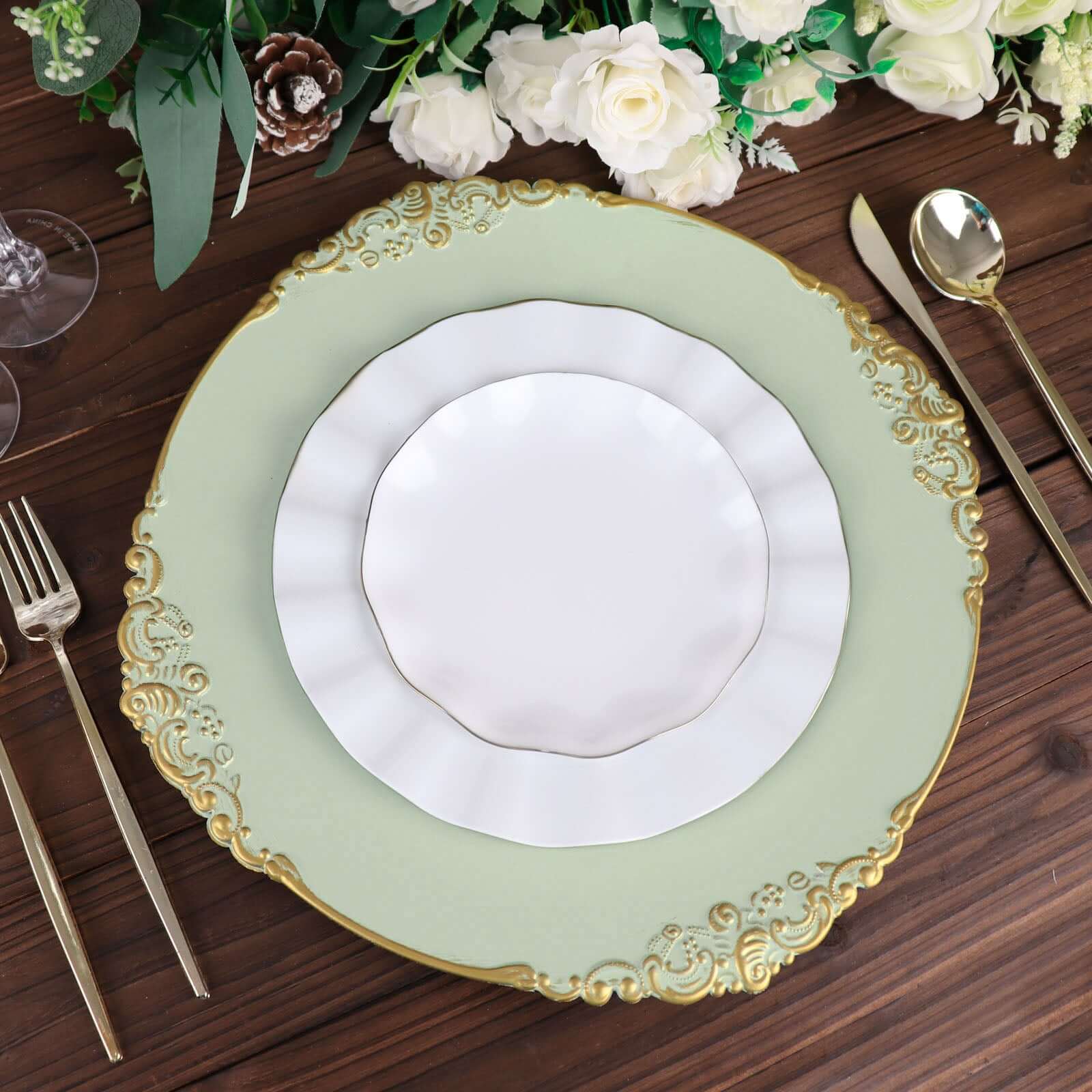 6-Pack Acrylic Round Charger Plates 13 in Sage Green with Gold Embossed Baroque Rim, Antique Decorative Dinner Party Charger Tableware