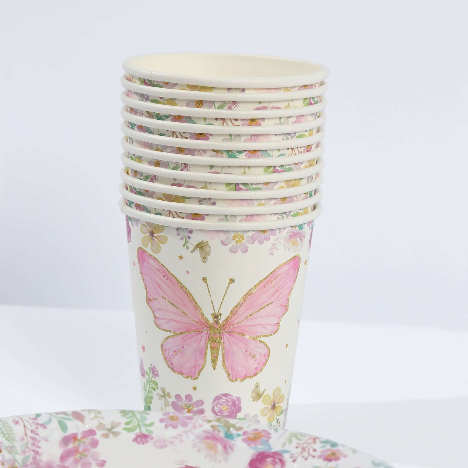 96 Pcs Paper Dinnerware Set with Butterfly Print White/Pink - Disposable Tableware Set with Plates, Cups, and Napkins