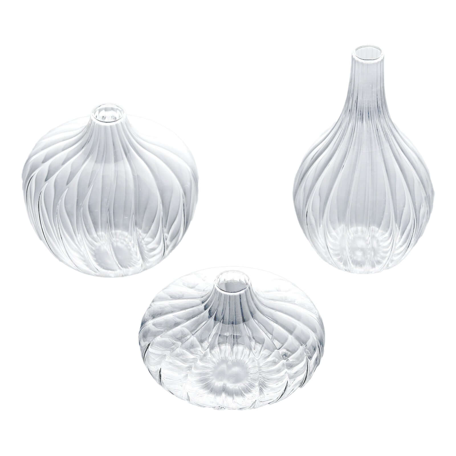 Set of 3 Clear Glass Ribbed Design Mini Flower Bud Vases, Table Centerpiece Set - Assorted Sizes