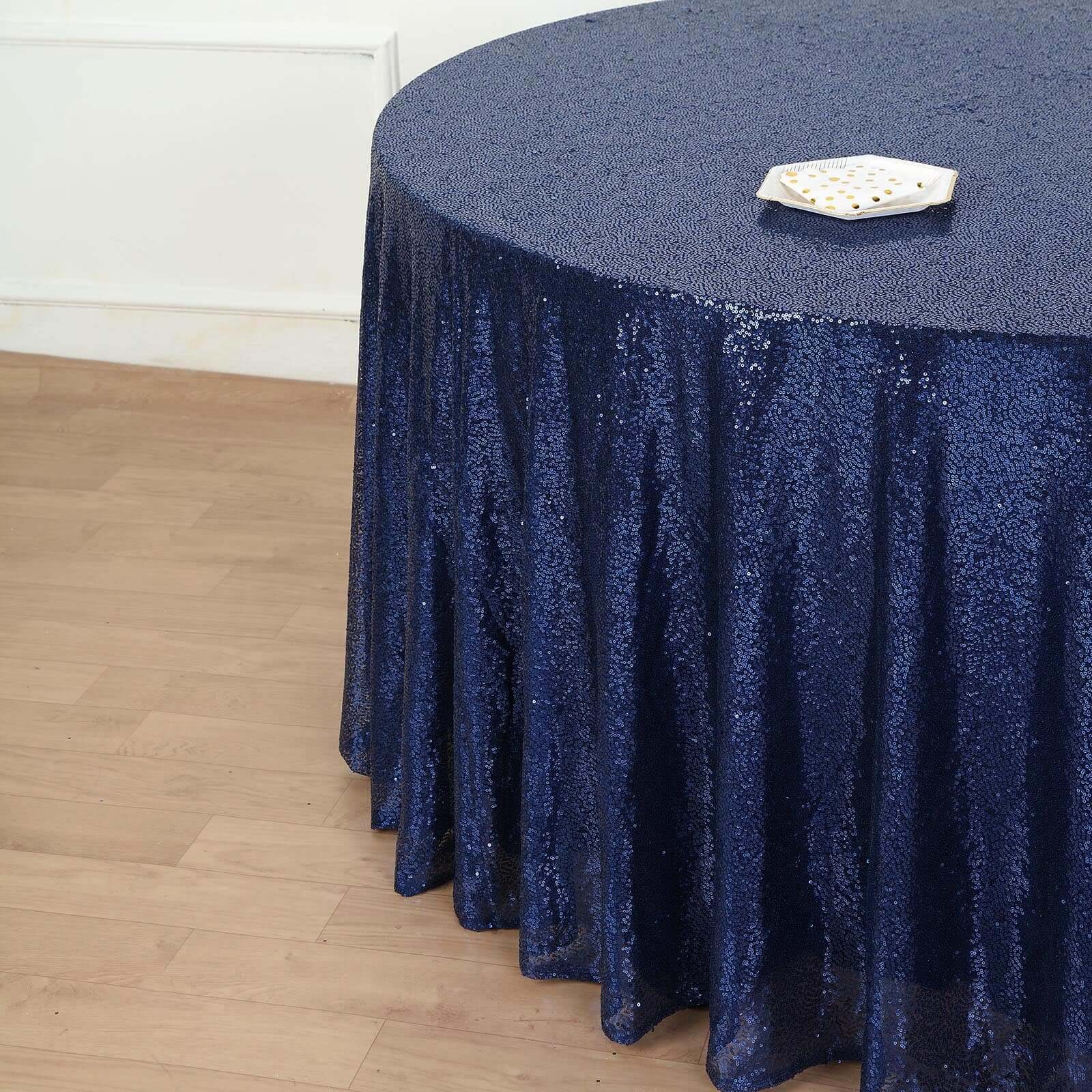 Sequin 132 Round Tablecloth Navy Blue - Seamless Dazzling Table Cover