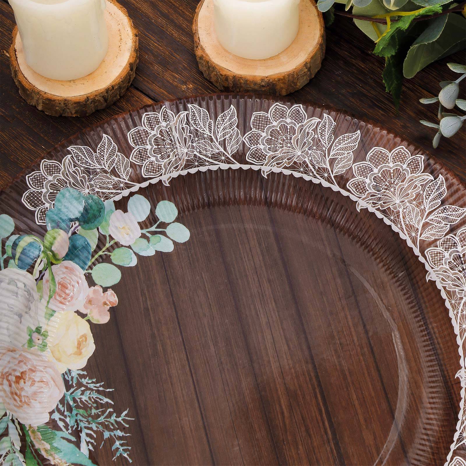 25-Pack Paper 10 Round Dinner Plates in Brown Wood Print with Floral Lace Rim - Disposable Party Plates for Farmhouse Weddings & Rustic Themes