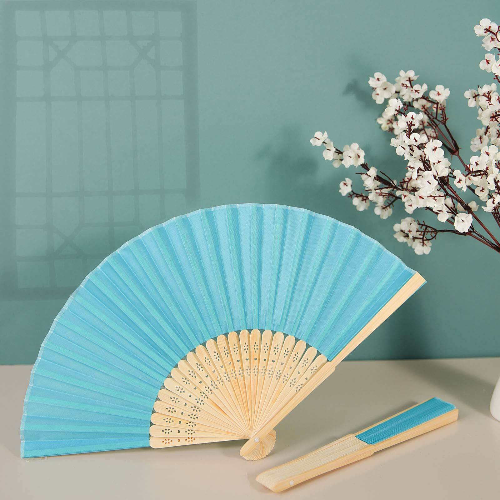 5 Pack Turquoise Asian Silk Folding Fans Party Favors, Oriental Folding Fan Favors