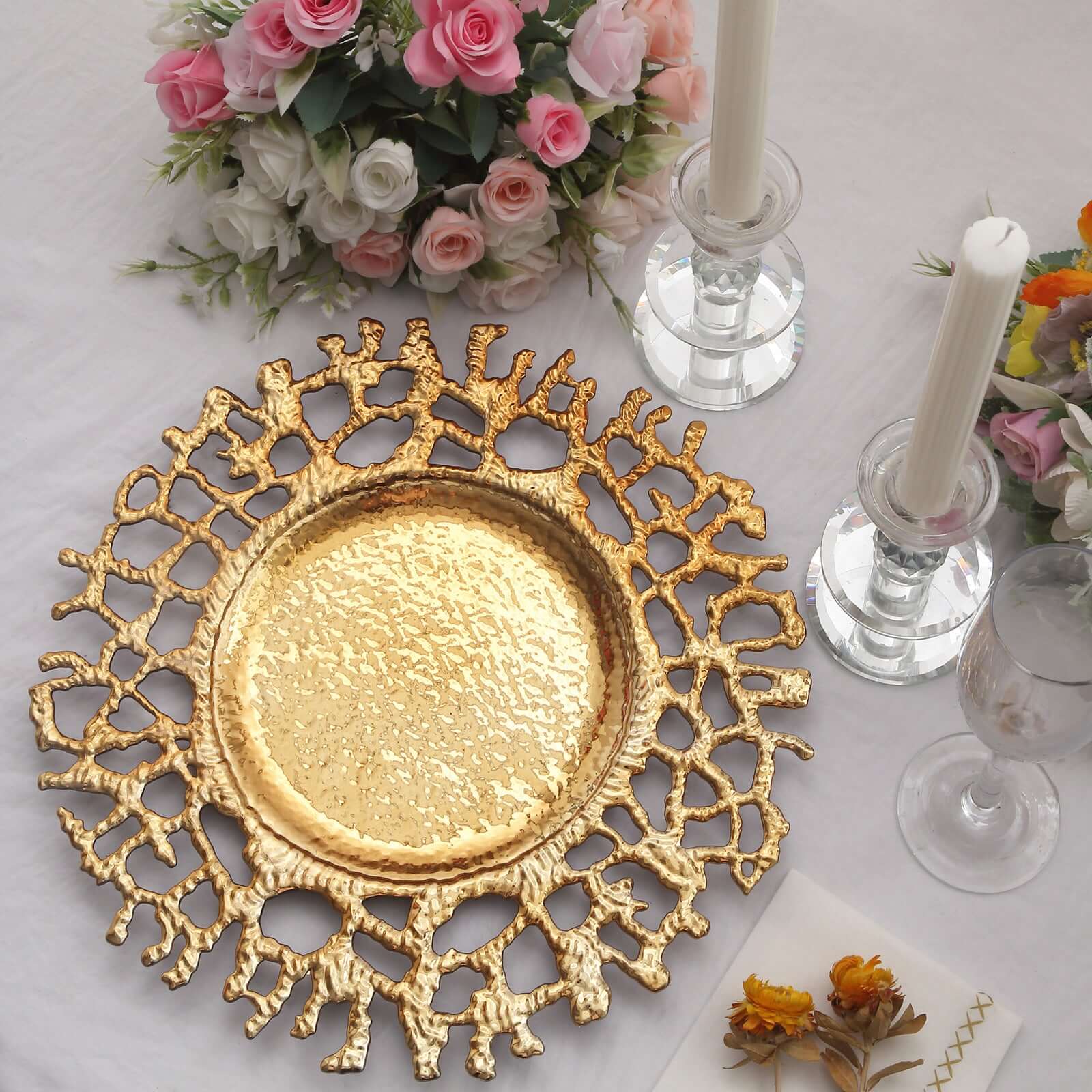 6-Pack Acrylic Round Charger Plates 13 in Gold with Molten Branch Design, Plastic Hollow Lace Decorative Dinner Party Charger Tableware