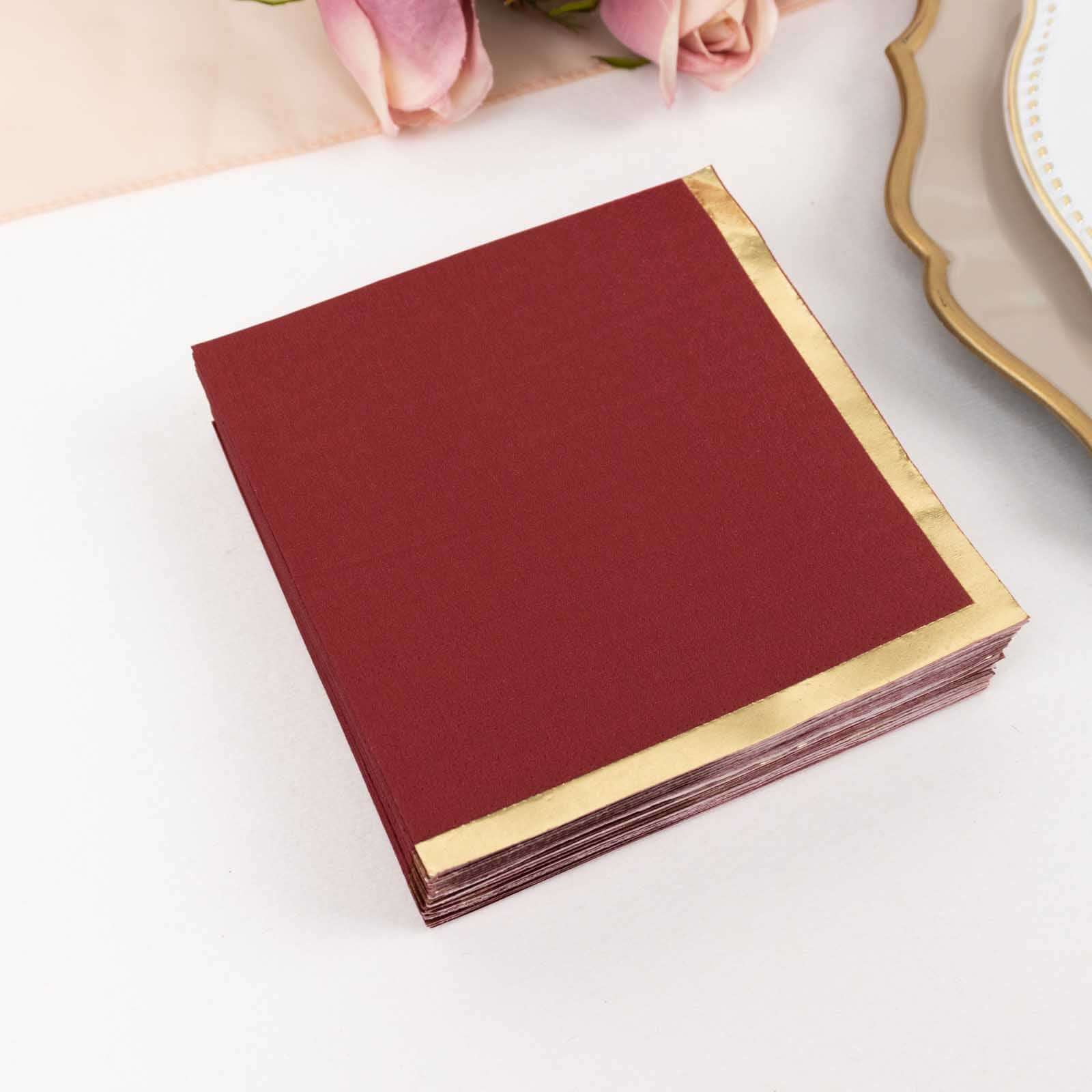 50-Pack Paper Beverage Napkins Burgundy with Gold Foil Edge - 2 Ply Disposable Soft 18GSM Cocktail Napkins 5x5