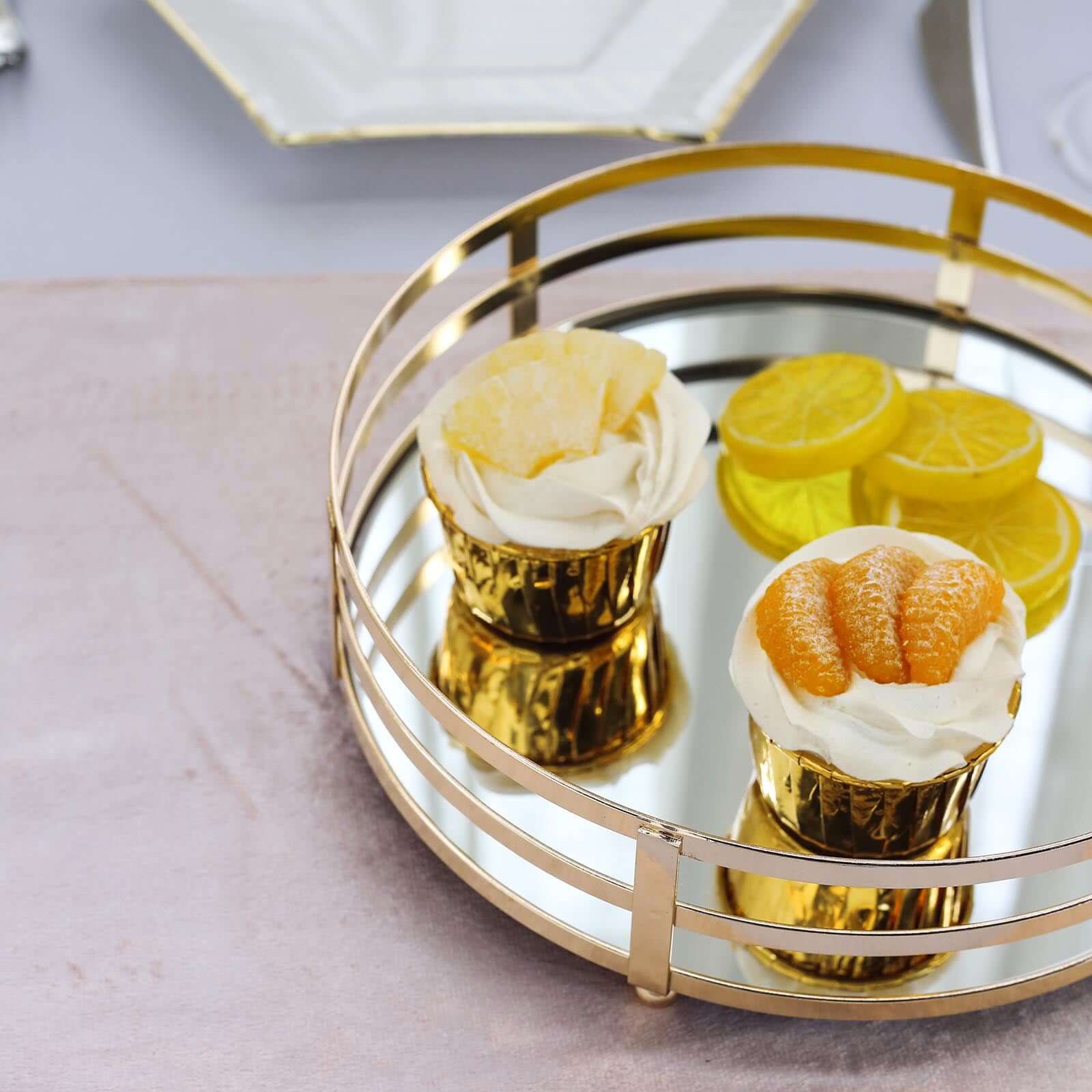 Set of 2 Metal Serving Trays 13, 9 Round Gold with Mirrored Top, Classy Decorative Vanity Tray Centerpiece