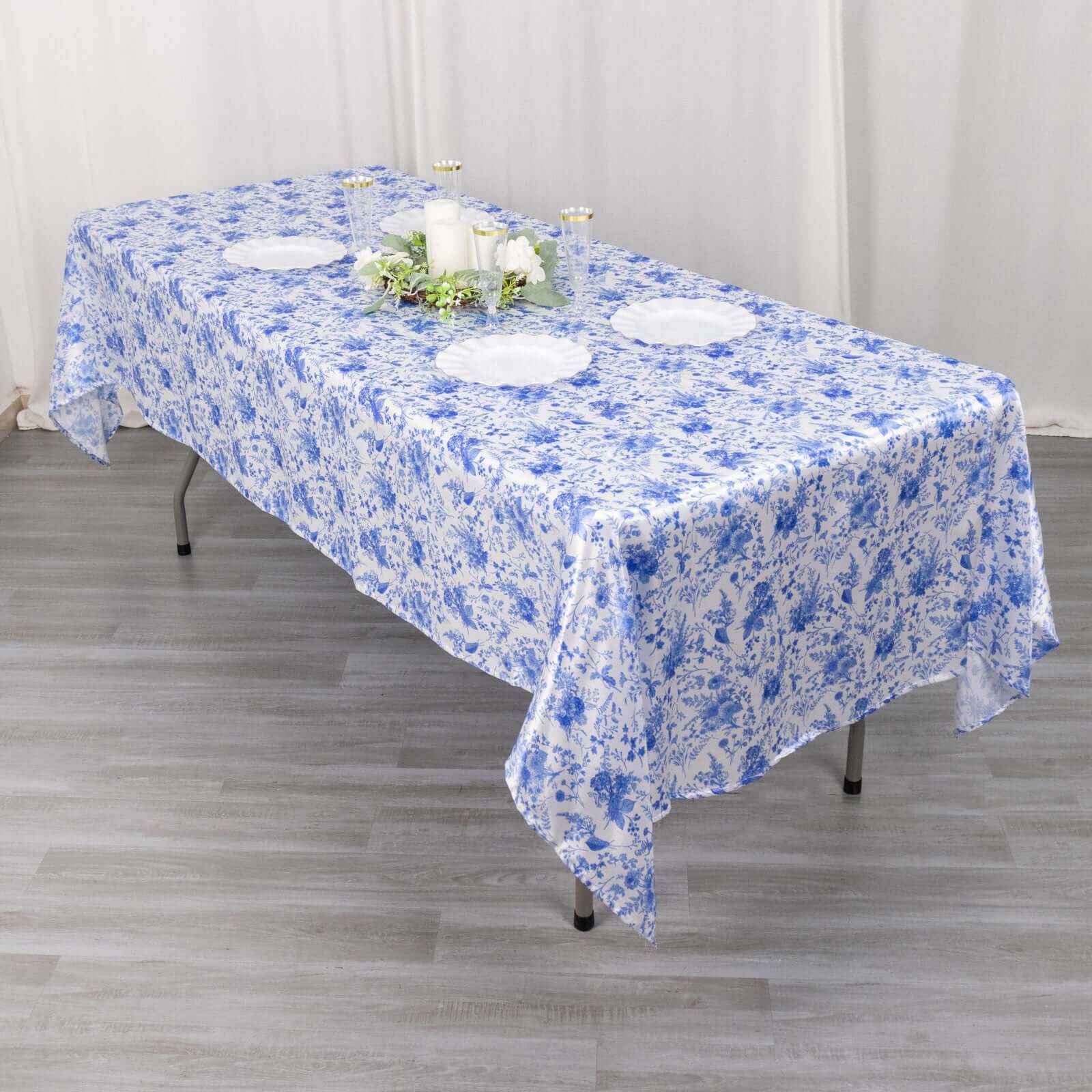 Satin Round 60x102 Tablecloth White/Blue French Toile Design - Stylish & Wrinkle-Resistant Table Cover