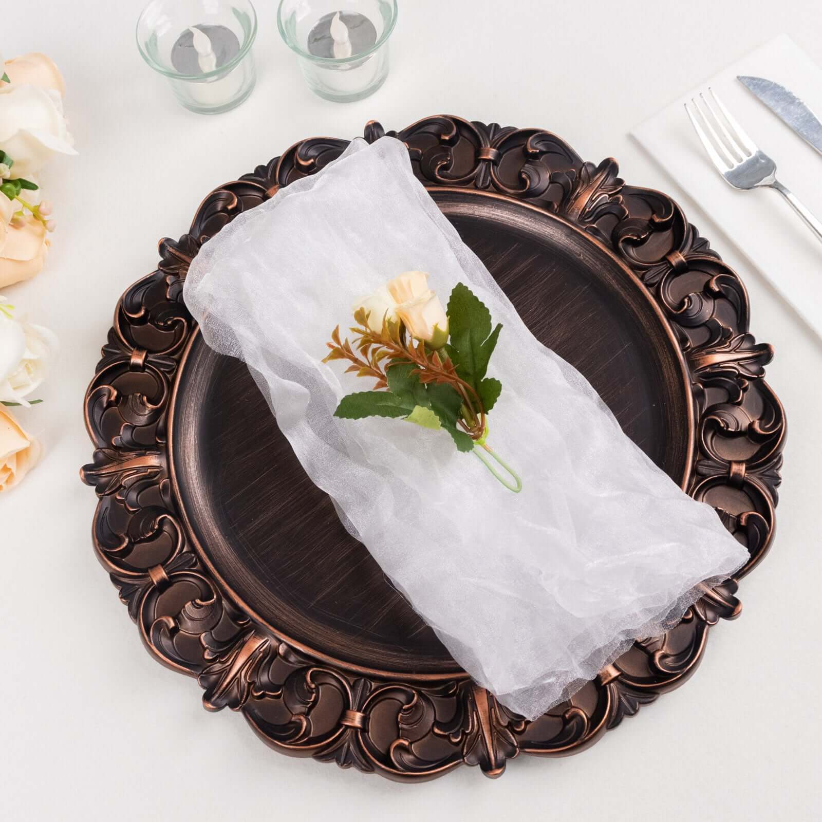 5 Pack Crinkled Organza 21x21 Napkins White - Classy Rustic Style Dinner & Party Napkins