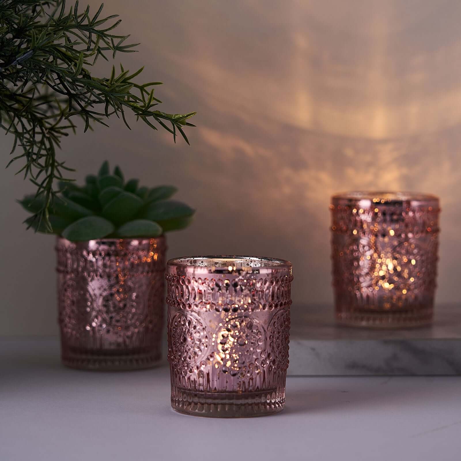 6-Pack Mercury Glass Candle Holders Rose Gold Primrose Design - Votive Tealight Holders for Weddings