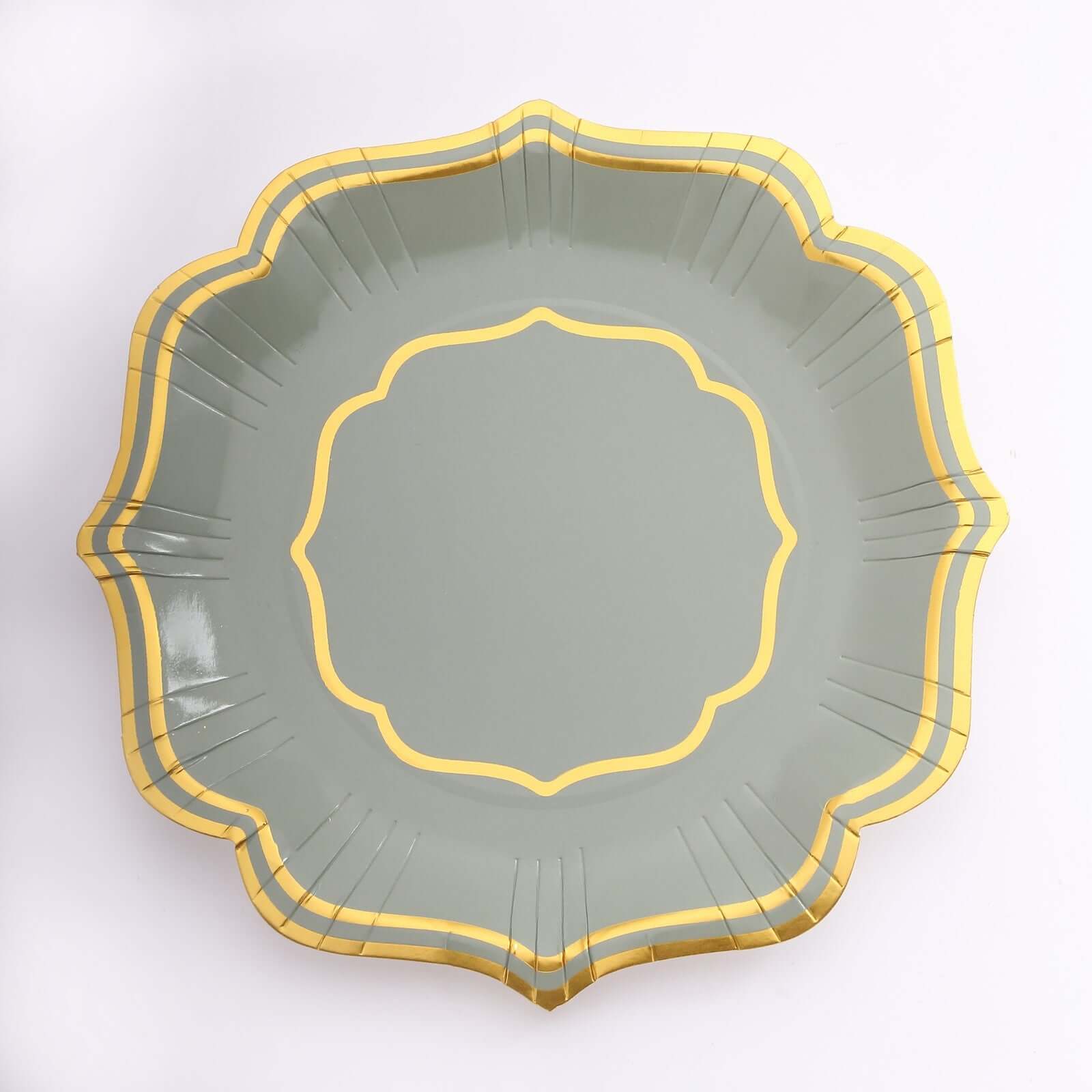 25-Pack Paper Dinner Plates in Sage Green with Gold Scallop Rim - Disposable 300GSM Party Plates 10