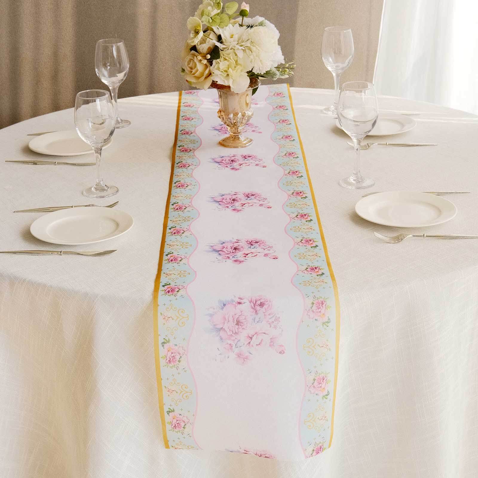 Disposable Table Runner 11x108 White with Pink Peony Floral Print - Non-woven Stylish Spring Summer Dining Decor