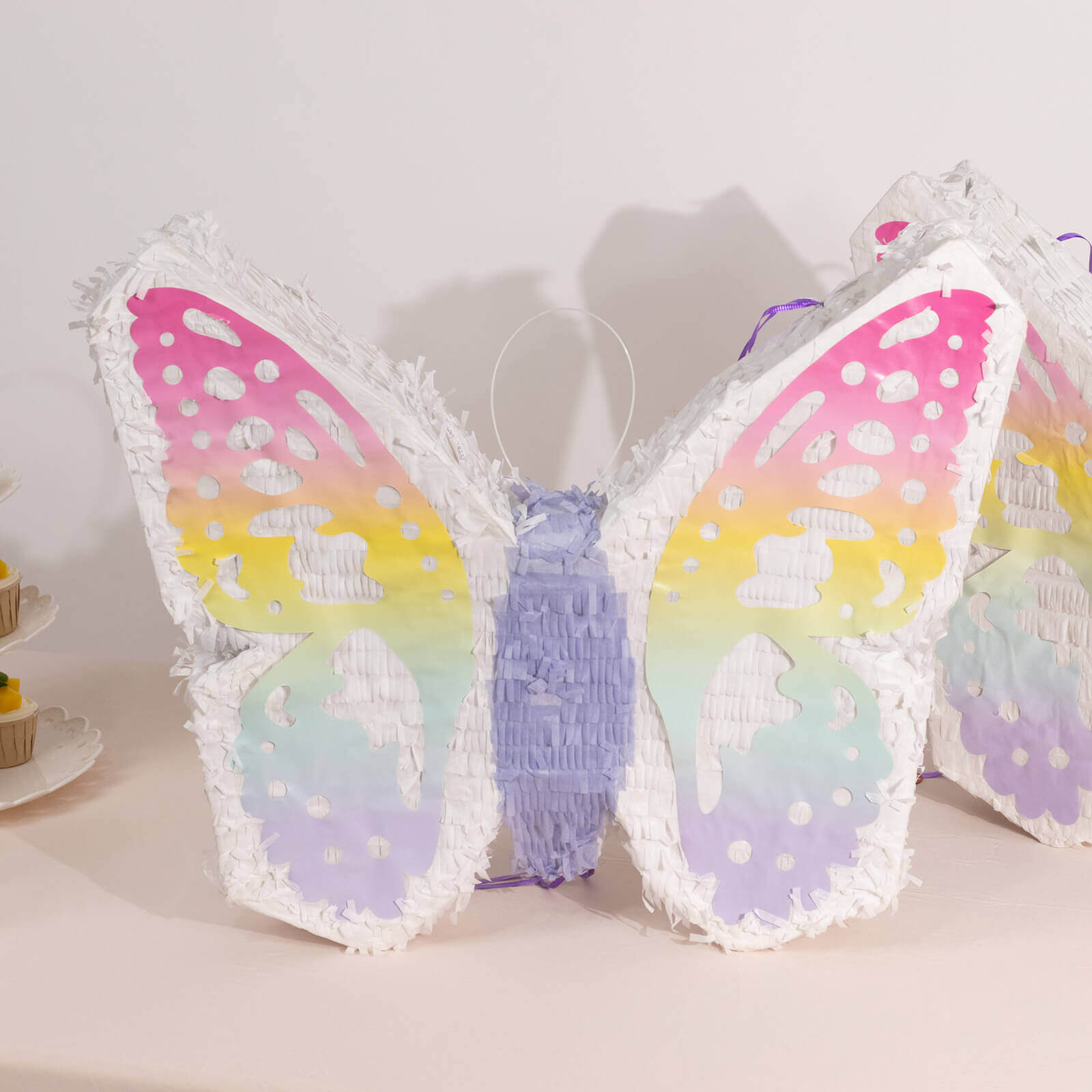 Expandable White Lilac Paper Butterfly Pinata Hanging Decor with Pastel Colored Wings, Fairy Themed Birthday Party Pinata - 23x19