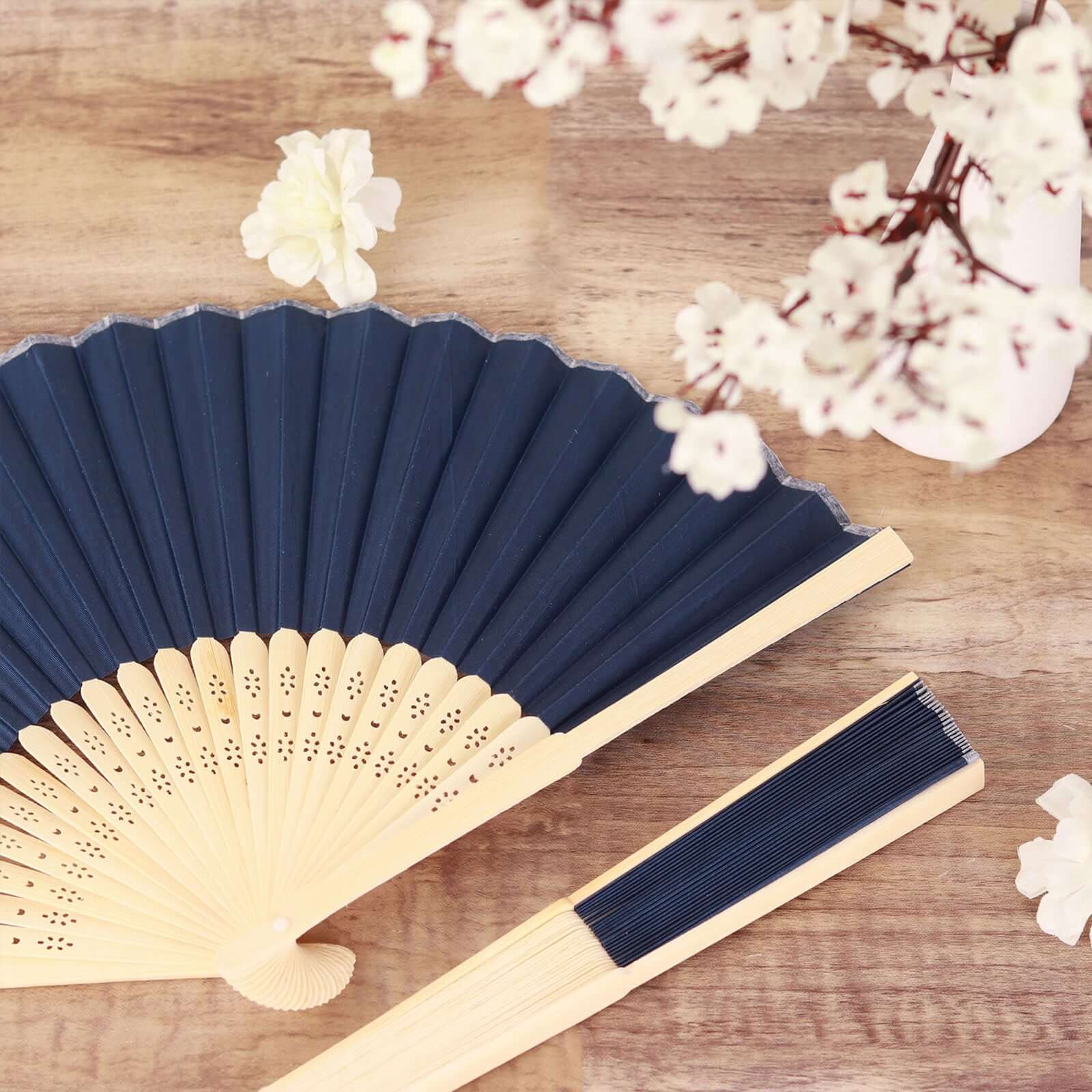 5 Pack Navy Blue Asian Silk Folding Fans Party Favors, Oriental Folding Fan Favors