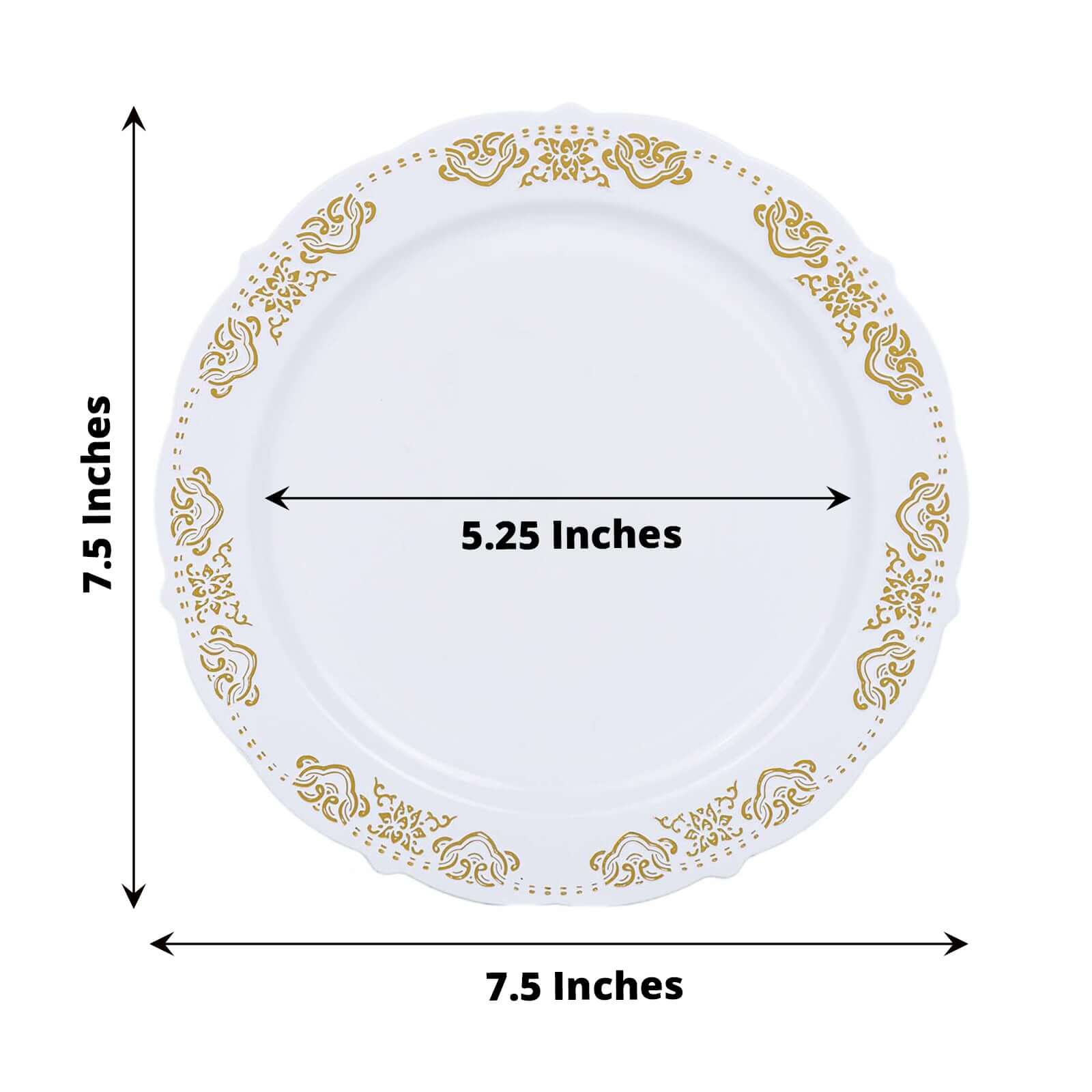 10-Pack Plastic 7.5 Round Appetizer Plates in White with Gold Embossed Scalloped Edge - Chic Disposable Salad Plates for Special Occasions & Banquets