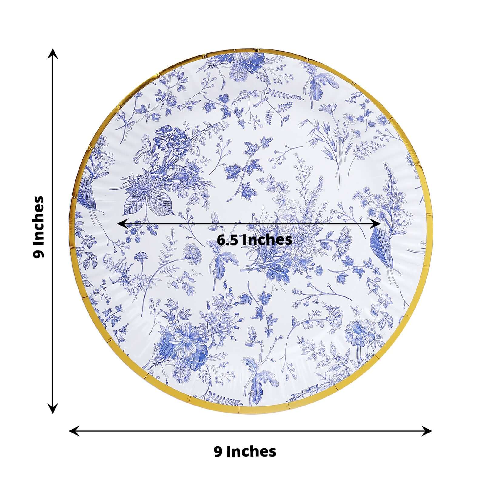 25-Pack Paper 9 Round Dinner Plates in White with Light Blue French Toile Pattern & Gold Rim - Disposable Party Plates for Picnics & Chic Brunches