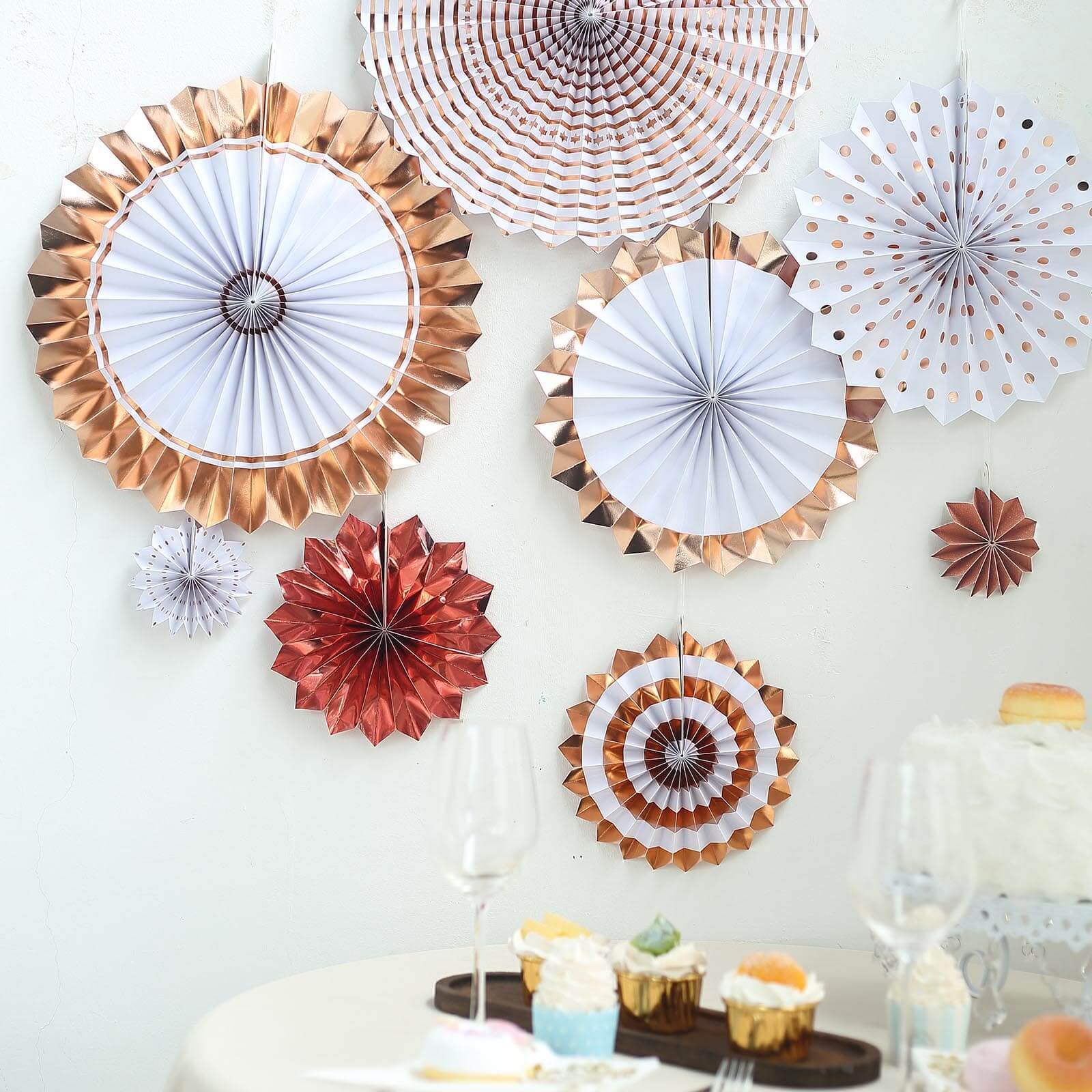 Set of 8 Gold Rose Gold Hanging Paper Fan Decorations, Pinwheel Wall Backdrop Party Kit - 4, 8, 12