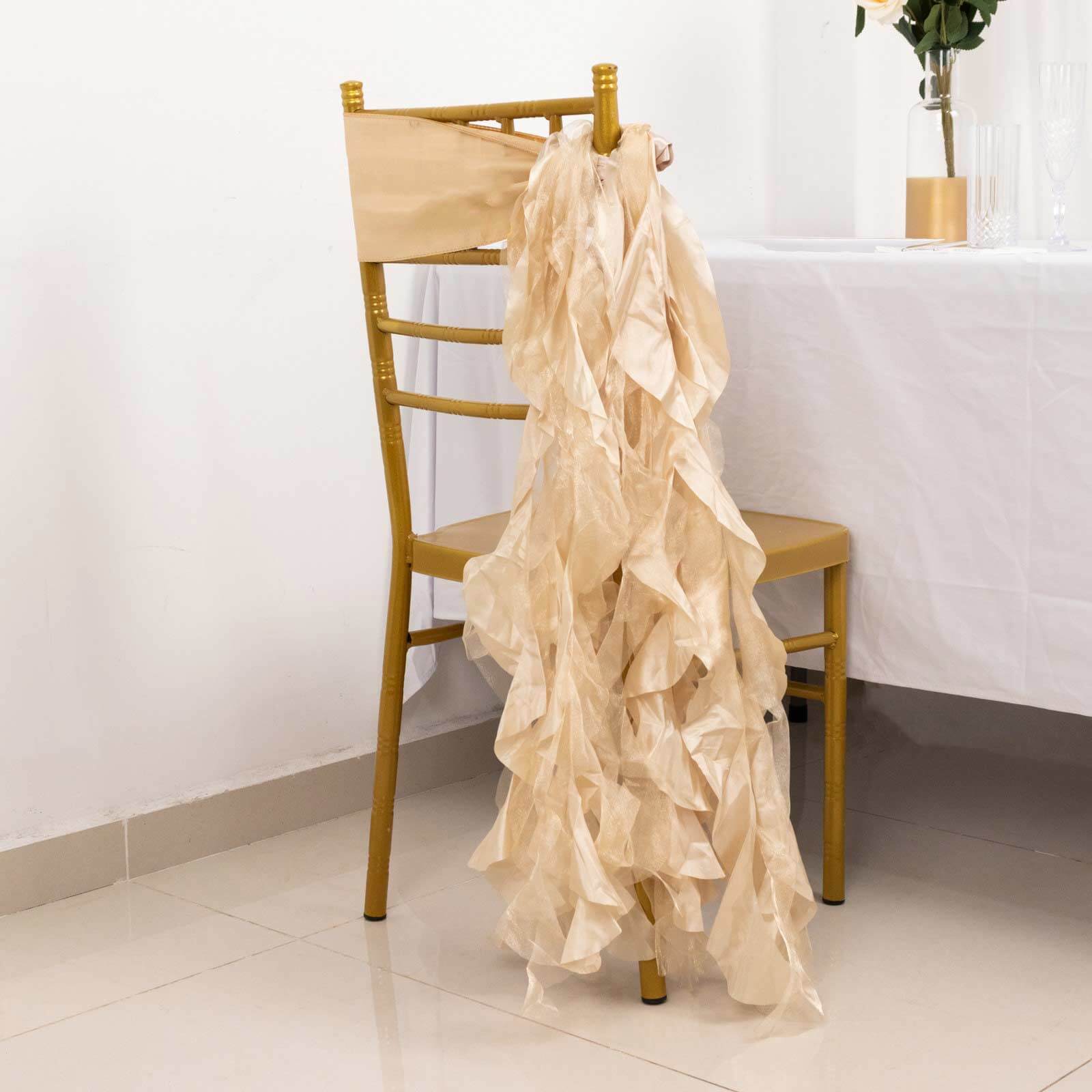 5 Pack Chiffon Satin Chair Sashes Beige - Easy to Install Ruffled Curly Willow