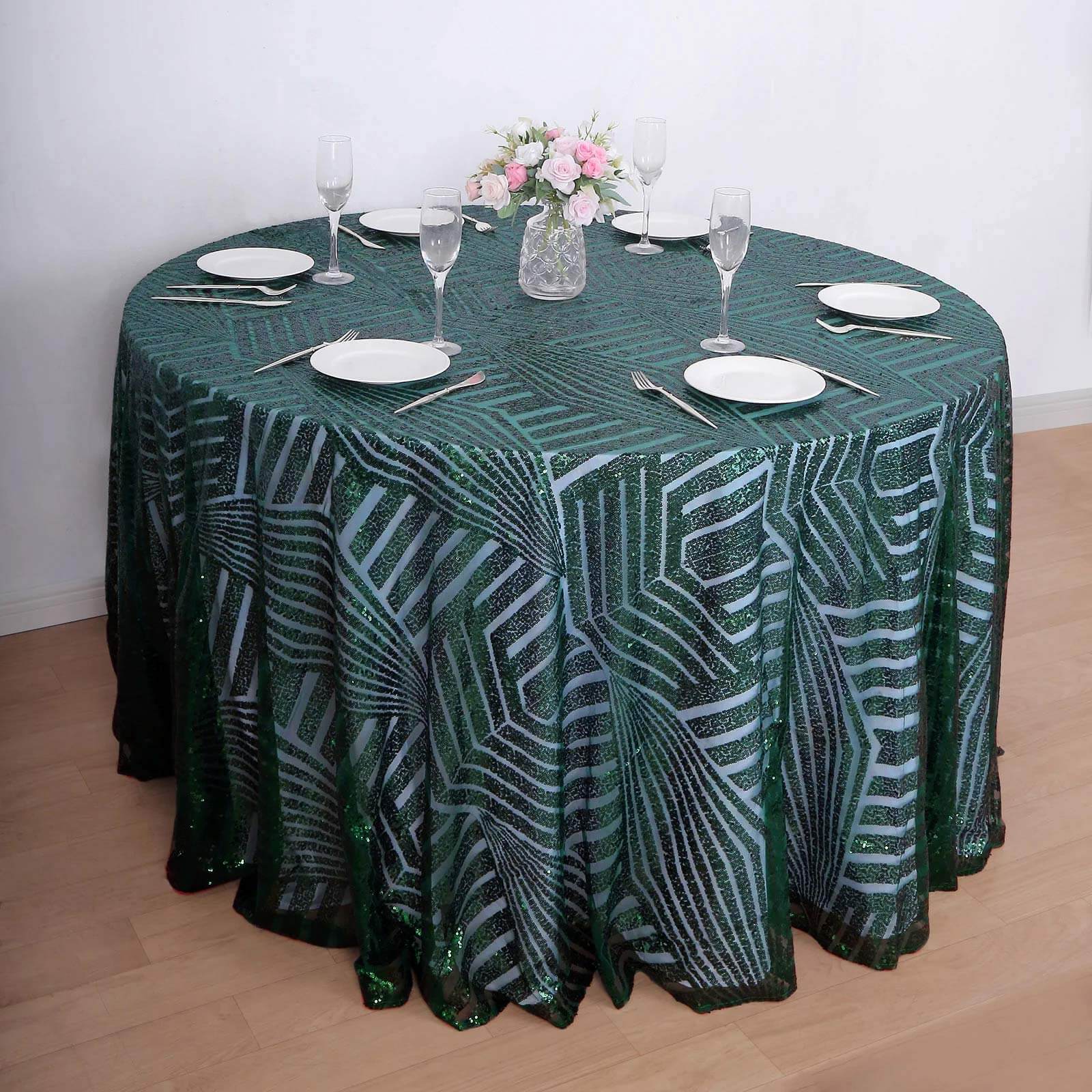 Sequin 120 Round Tablecloth Hunter Emerald Green - Seamless Diamond Glitz Table Cover