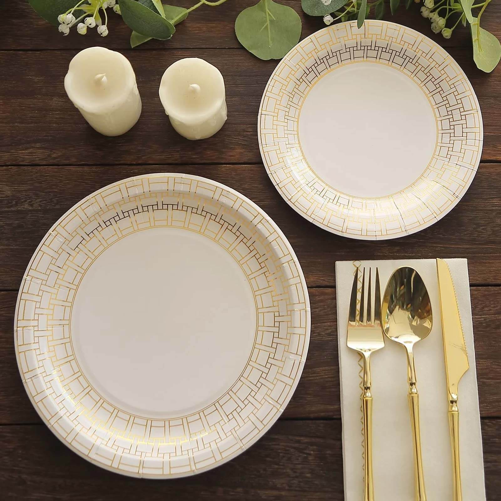 25-Pack Paper 9 Round Dinner Plates in White with Gold Basketweave Rim - Disposable Party Plates for Stylish Soirées & Festive Brunches