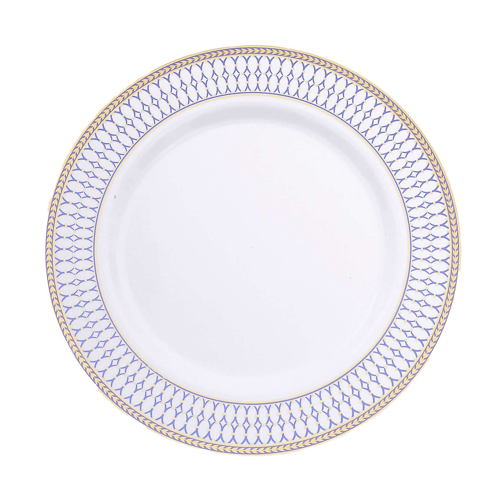 10-Pack Plastic 10 Round Dinner Plates in White with Gold Navy Blue Chord Rim - Renaissance Style Disposable Plates for Events & Banquets