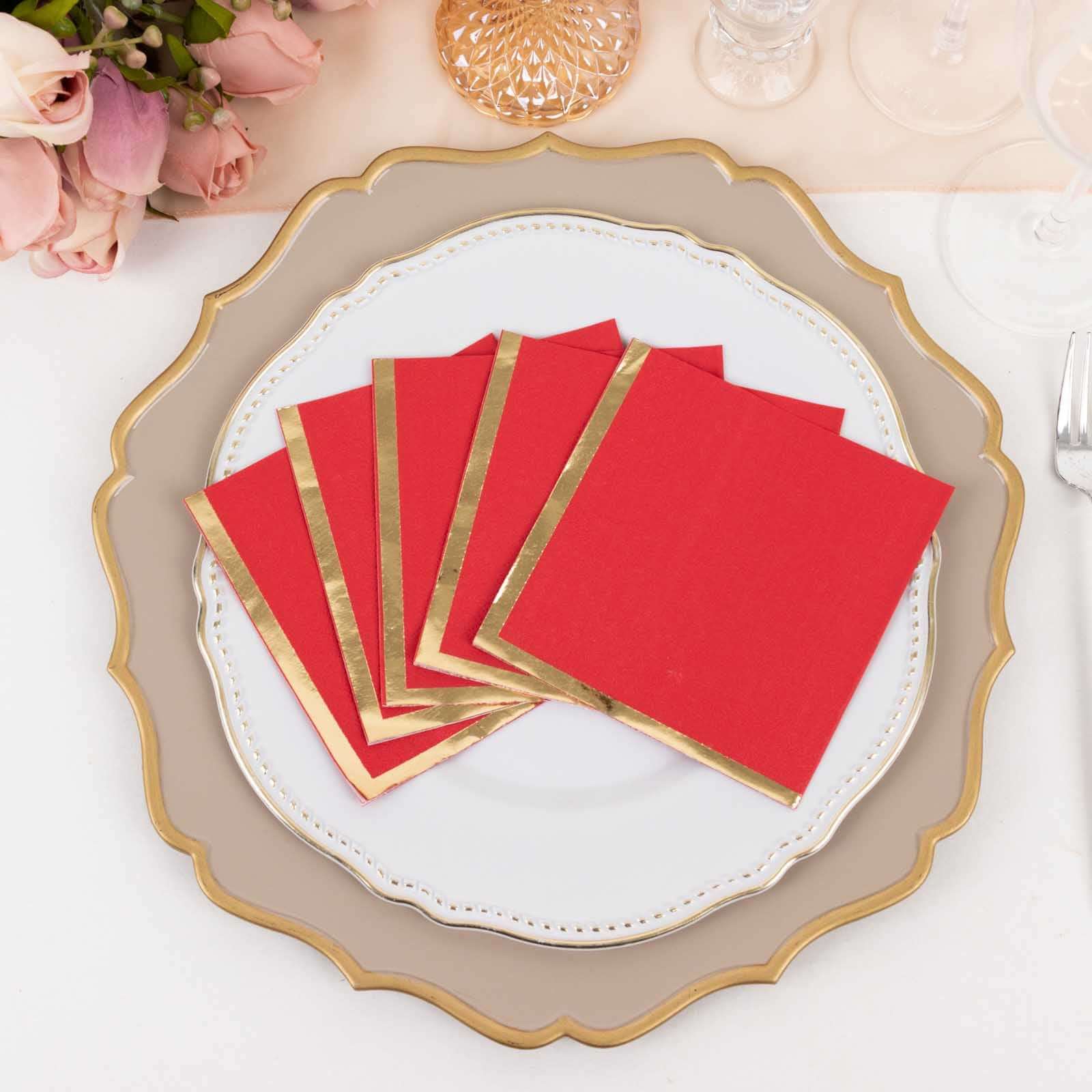 50-Pack Paper Beverage Napkins Red with Gold Foil Edge - 2 Ply Disposable Soft 18GSM Cocktail Napkins 5x5