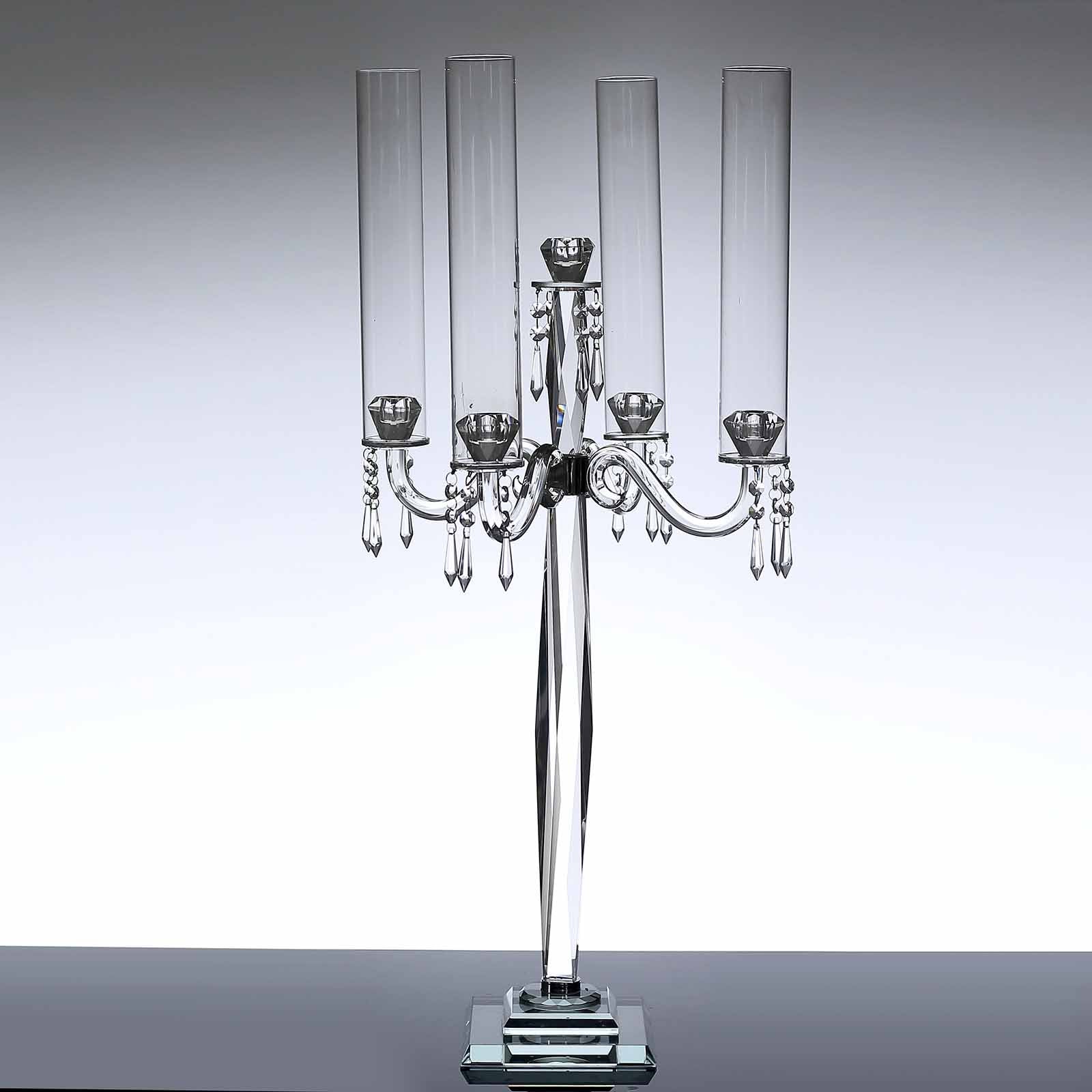 4 Arm Crystal Glass Taper Candle Holder Candelabra, Decorative Table Centerpiece With Chandelier Chains 36