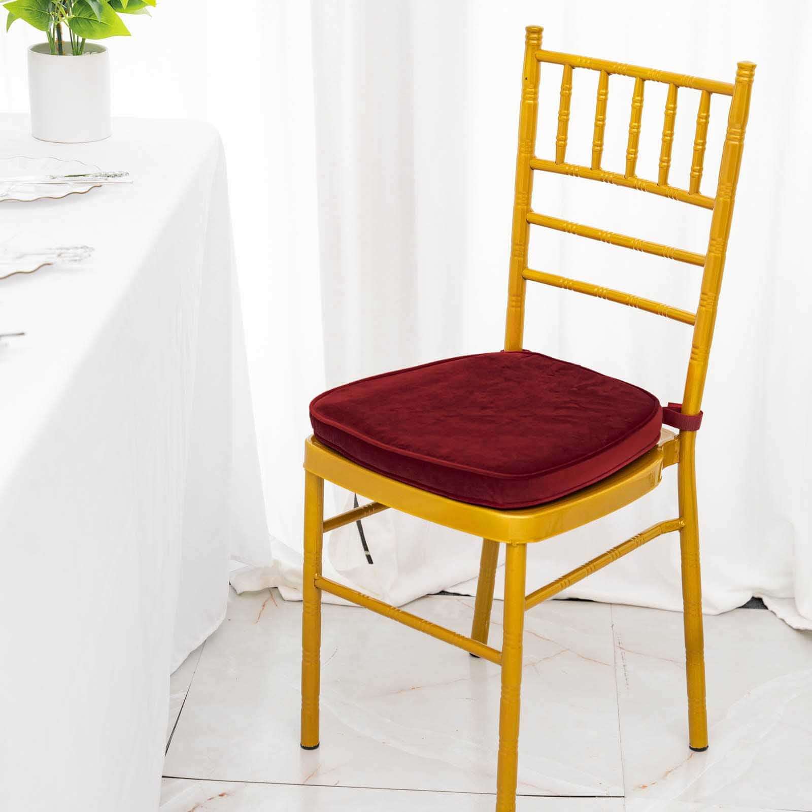 2 Thick Burgundy Velvet Chiavari Chair Pad, Memory Foam Seat Cushion With Ties and Removable Cover