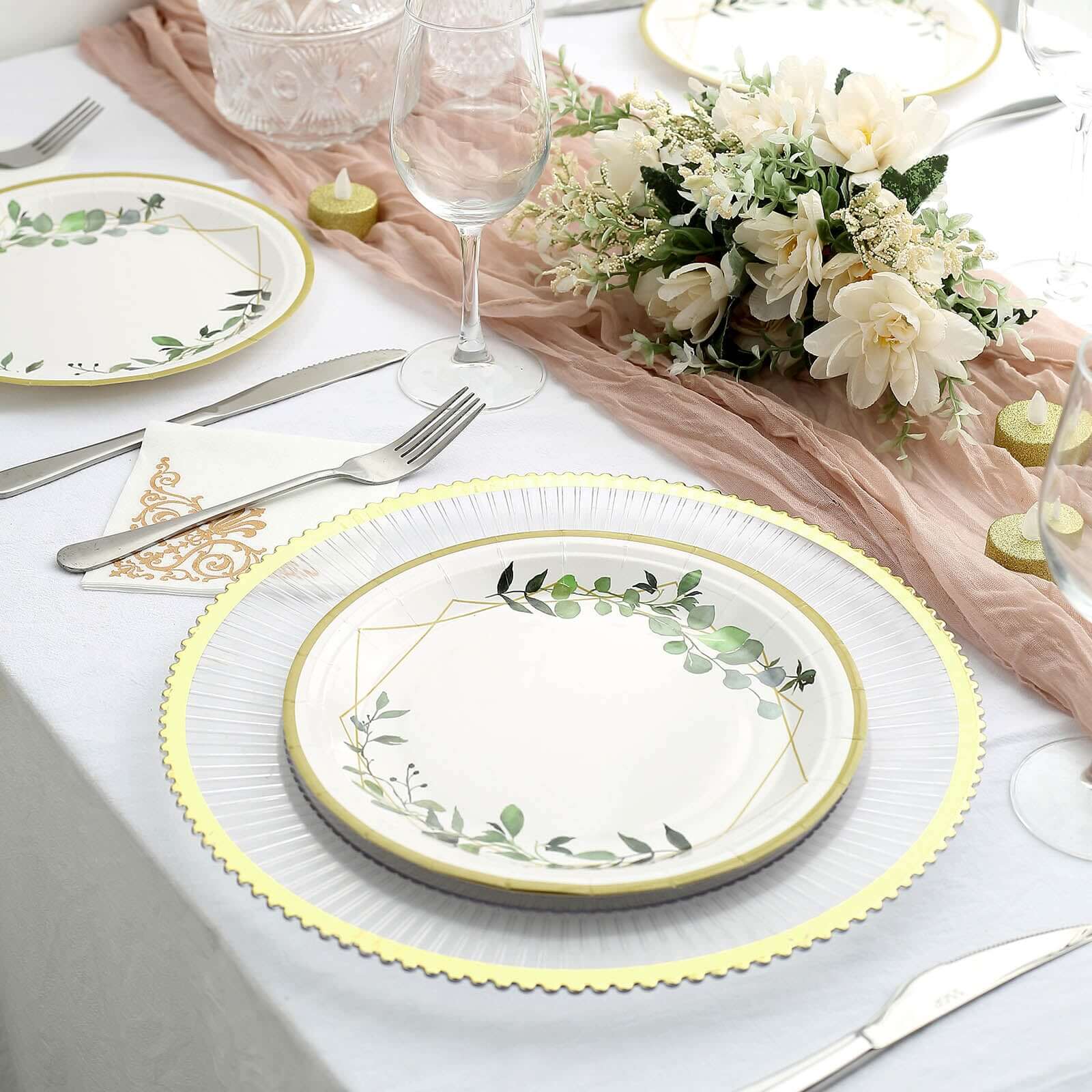 24-Pack Paper 9 Round Dinner Plates in White with Eucalyptus Leaves & Gold Rim - Disposable 300GSM Party Plates for Modern & Nature-Inspired Events