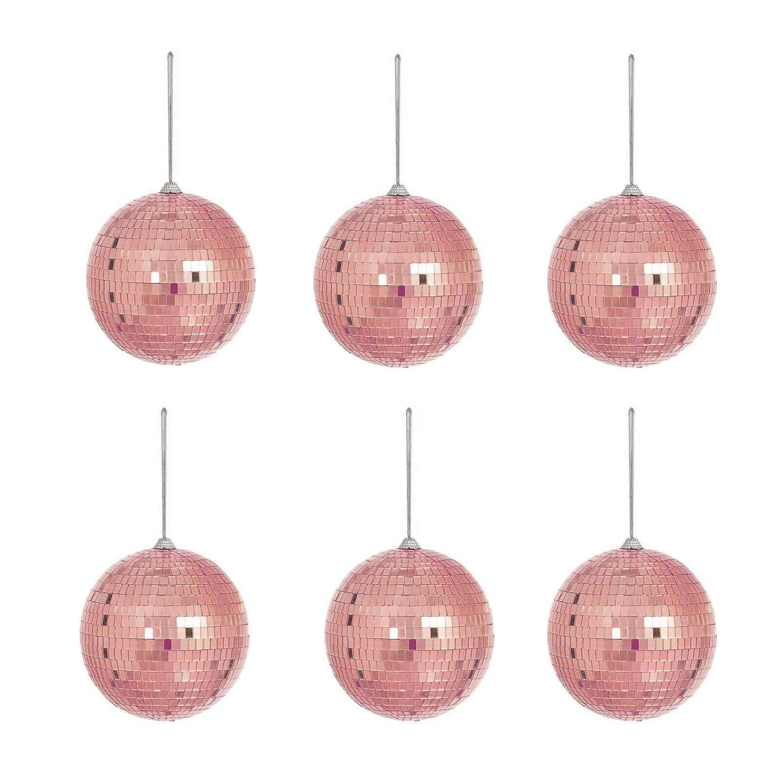 6 Pack 2 Rose Gold Foam Disco Mirror Ball With Hanging Strings, Holiday Christmas Ornaments