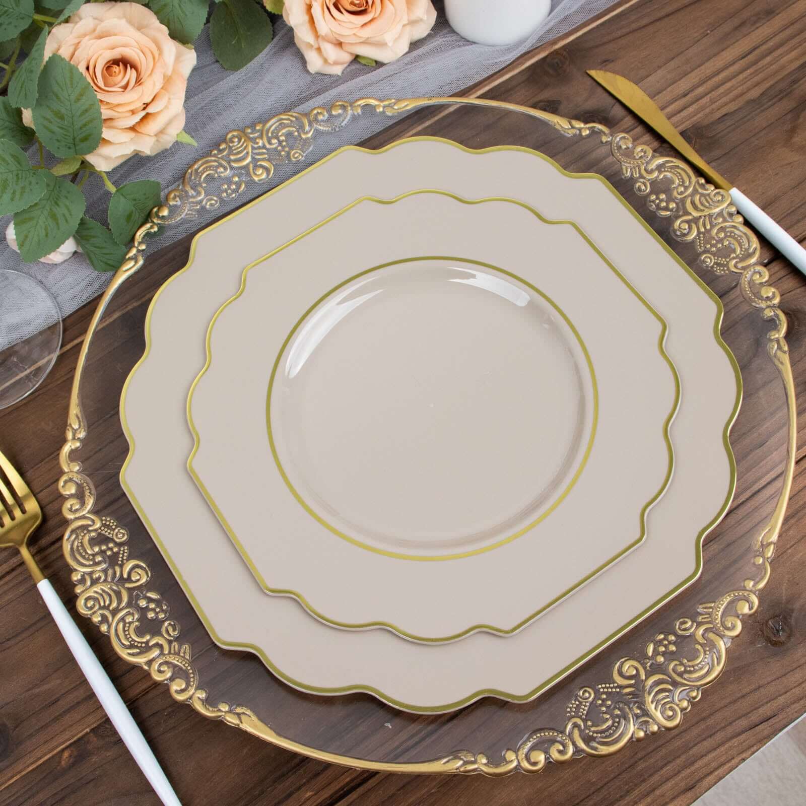 10-Pack Plastic Dessert Appetizer Plates in Taupe Baroque Design with Scalloped Gold Rim - Heavy Duty Disposable Salad Plates 8