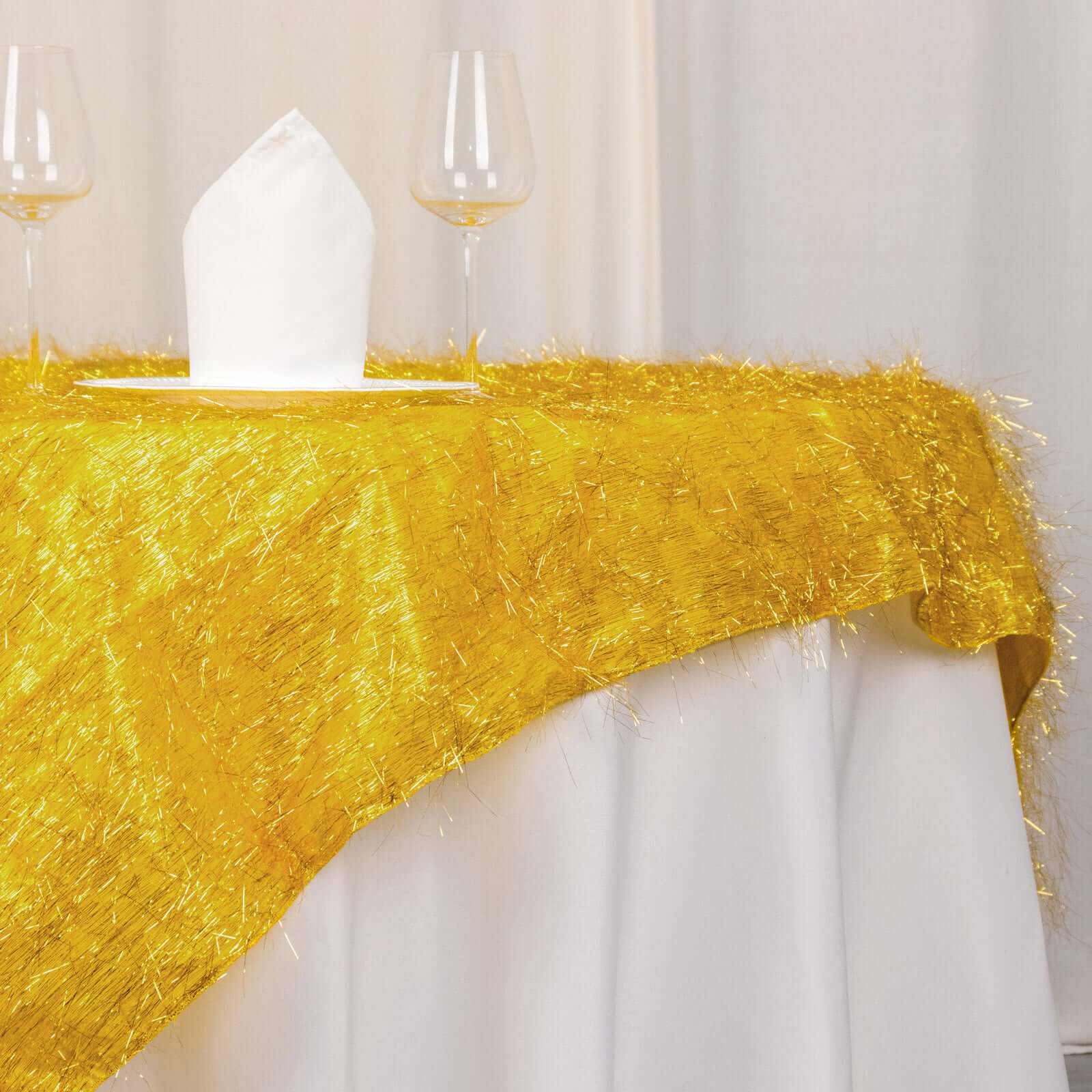 Polyester 72x72 Table Overlay Square Tablecloth Gold - Metallic Fringe Shag Tinsel Design for Luxe Events