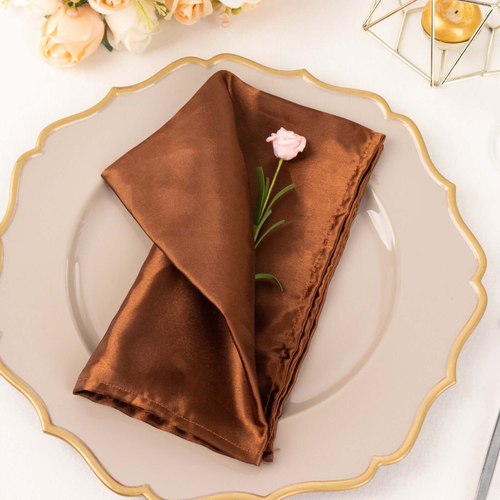 5 Pack Satin 20x20 Napkins Cinnamon Brown - Luxurious Shine & Smooth Dinner Napkins