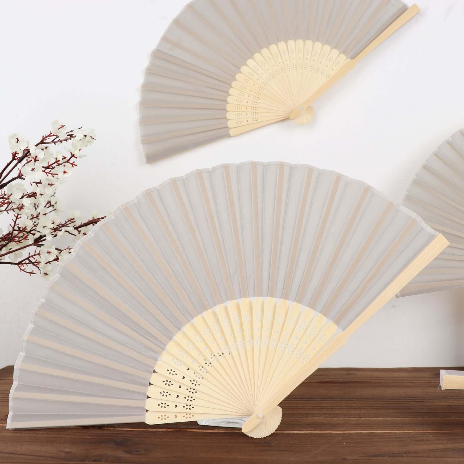 5 Pack Silver Asian Silk Folding Fans Party Favors, Oriental Folding Fan Favors