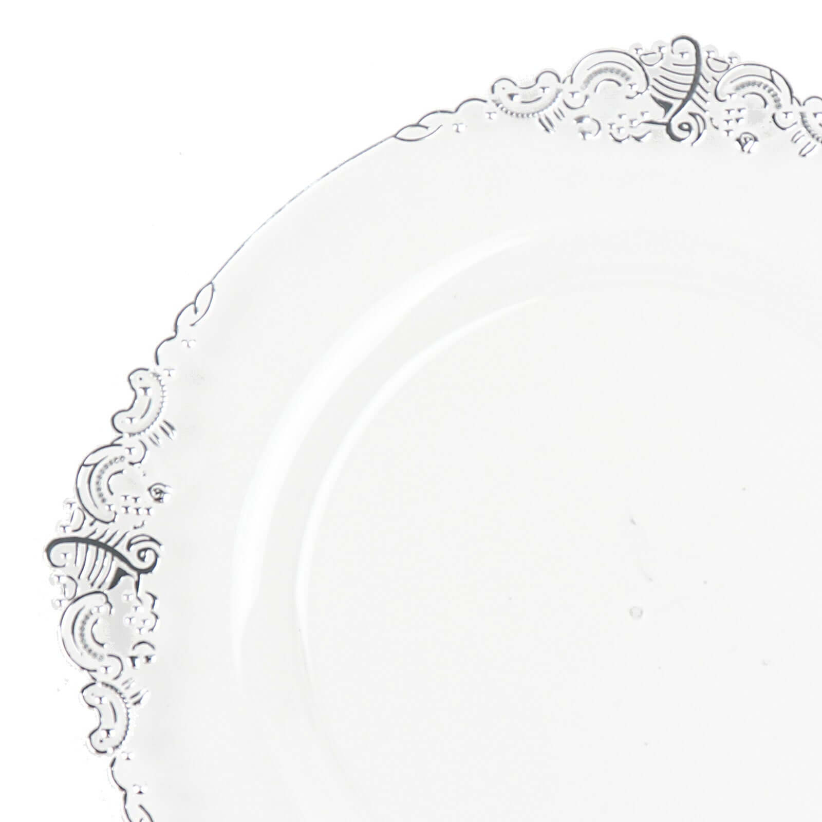 10-Pack Plastic 8 Round Dessert Plates in Clear with Silver Leaf Embossed Rim - Disposable Vintage Baroque Style Salad Plates