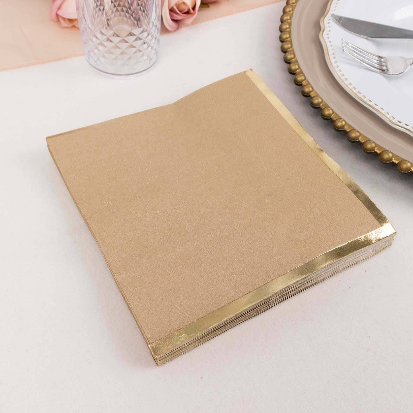 50-Pack Paper Beverage Napkins with Gold Foil Edge Natural - Disposable 2 Ply Cocktail Napkins for Events 6.5x6.5