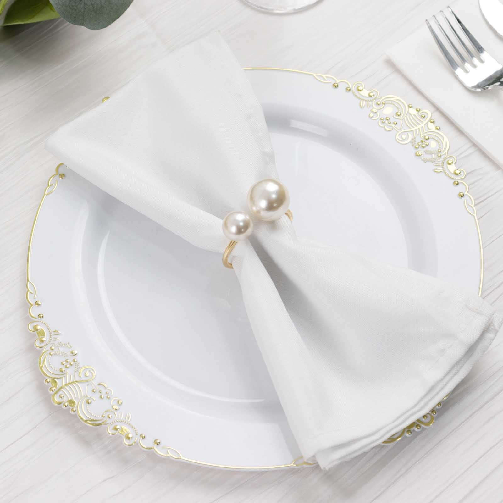 10 Pack White Pearl Gold Metal Napkin Holders Dining Table Decor, Elegant Round Wedding Napkin Rings - 2.5