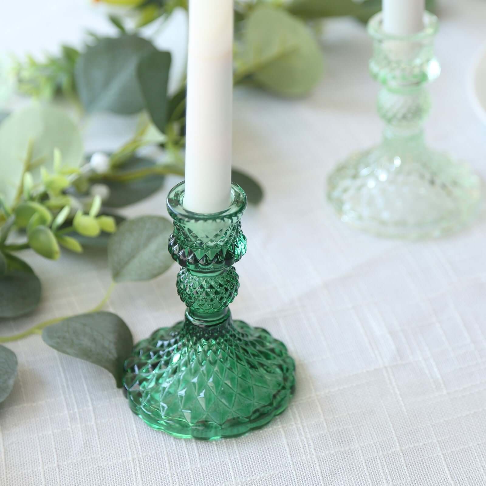 6-Pack Glass Taper Candlestick Holders Diamond Pattern Design Assorted Green - Reversible Crystal Pillar Votive Stands 4