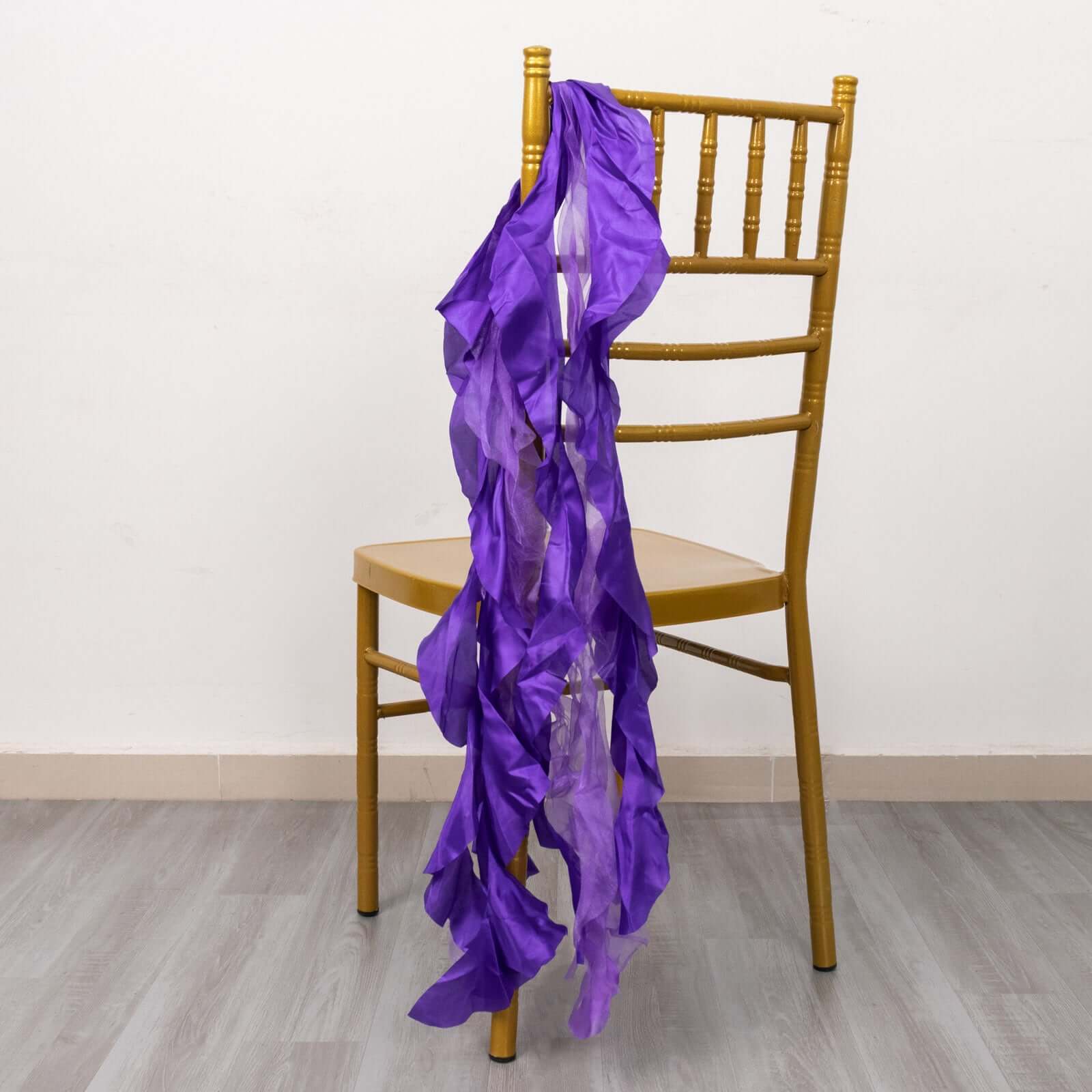 5 Pack Chiffon Satin Chair Sashes Purple - Easy to Install Ruffled Curly Willow