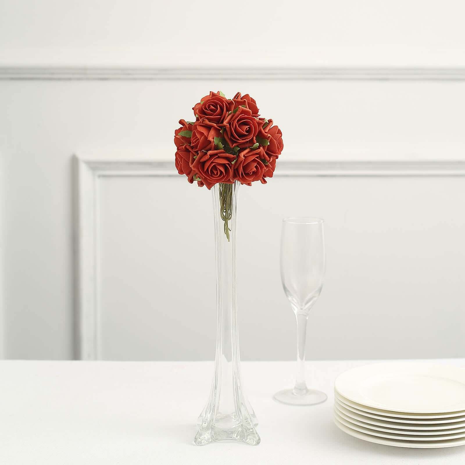 24 Roses 2 Terracotta (Rust) Artificial Foam Flowers With Stem Wire and Leaves