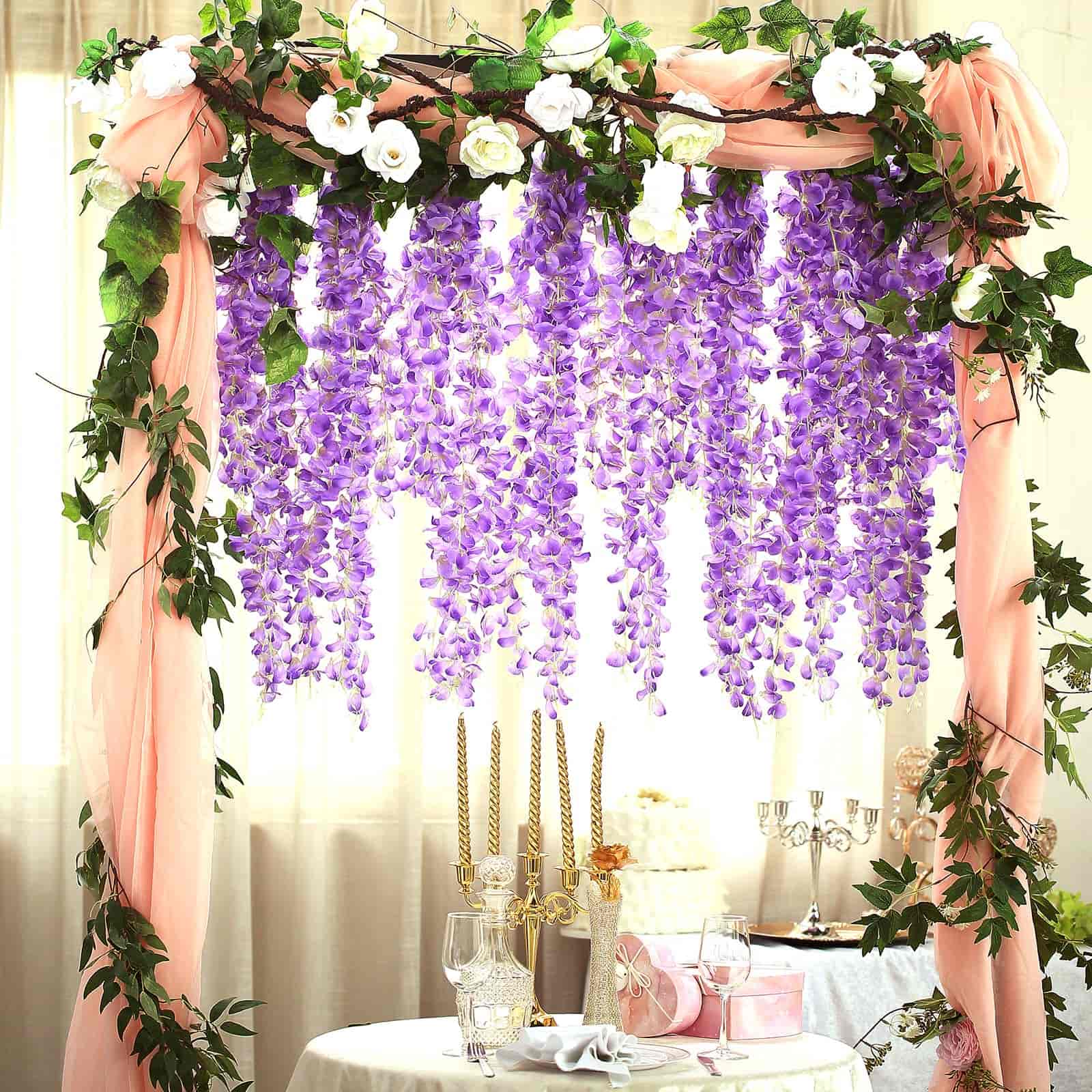 42 Silk Hanging Wisteria Flower Garland Vines in Lavender Lilac, Elaborated 5 Full Strands in 1 Bush