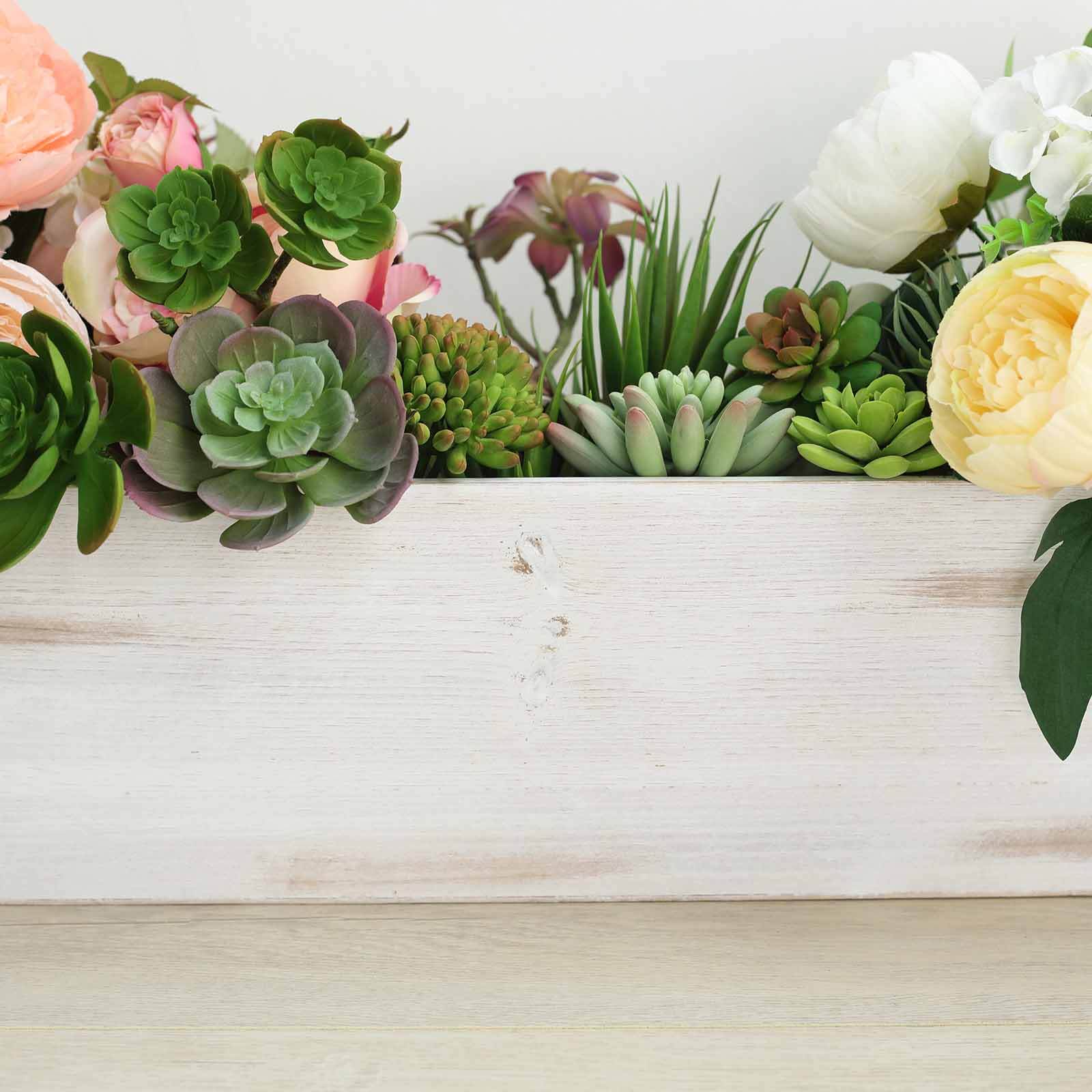 Whitewash Wood Planter Rectangular Box 24x6- Natural Decor with Removable Plastic Liner for Tables