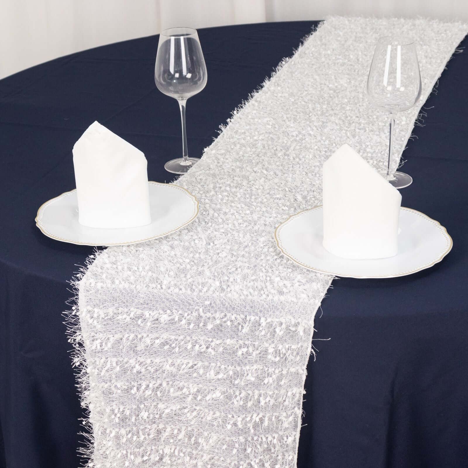 Polyester 12x108 Table Runner White - Fringe Shag Table Decor