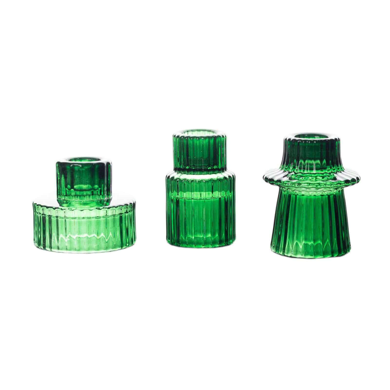 Set of 6 Glass Taper Candle Holders Ribbed Crystal Design Hunter Emerald Green - Reversible Mini Votive Tealight Stands 3