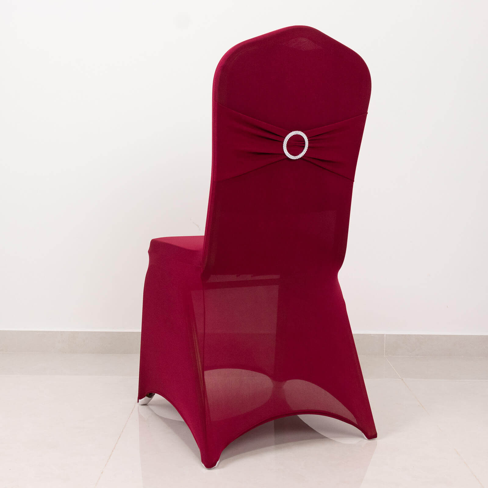 Spandex Chair Cover with Burgundy Rhinestone Buckled Sash Band Blush - Stretch Fitted Slipcover