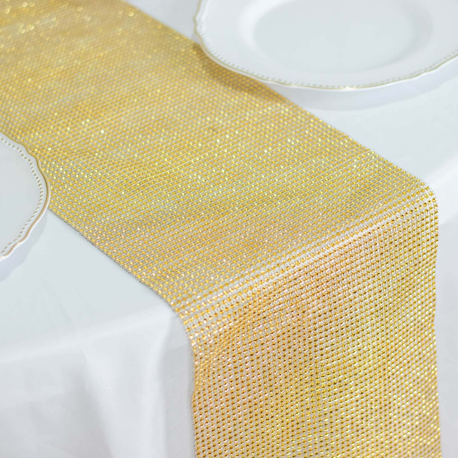 Crystal Rhinestone 10x108 Table Runner Gold - Luxe Shiny Diamond Mesh Bling Table Runner Roll