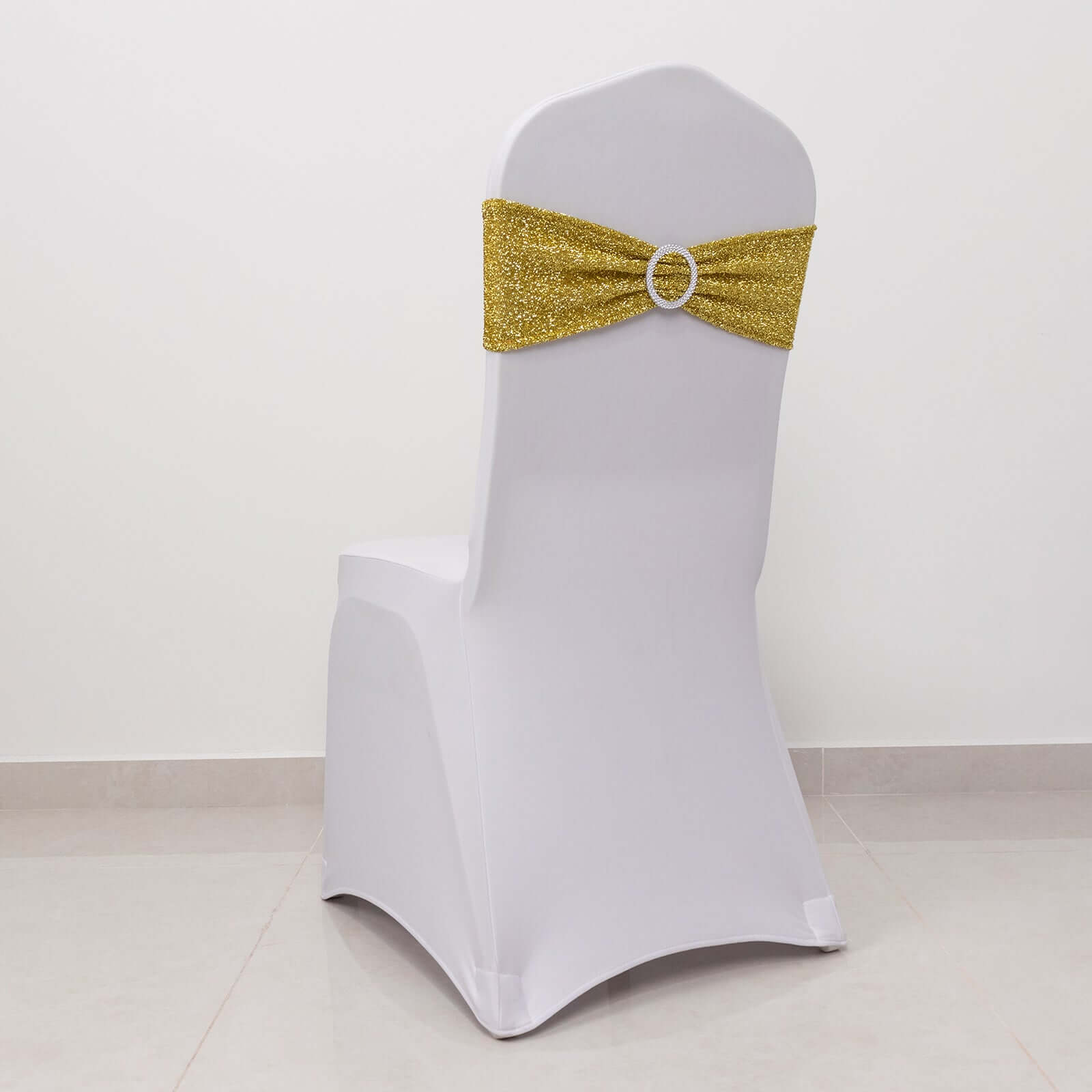 5 Pack Chair Sashes Shimmer Tinsel Spandex 5x12 with Silver Rhinestone Buckles Gold - Stylish Decor for Weddings