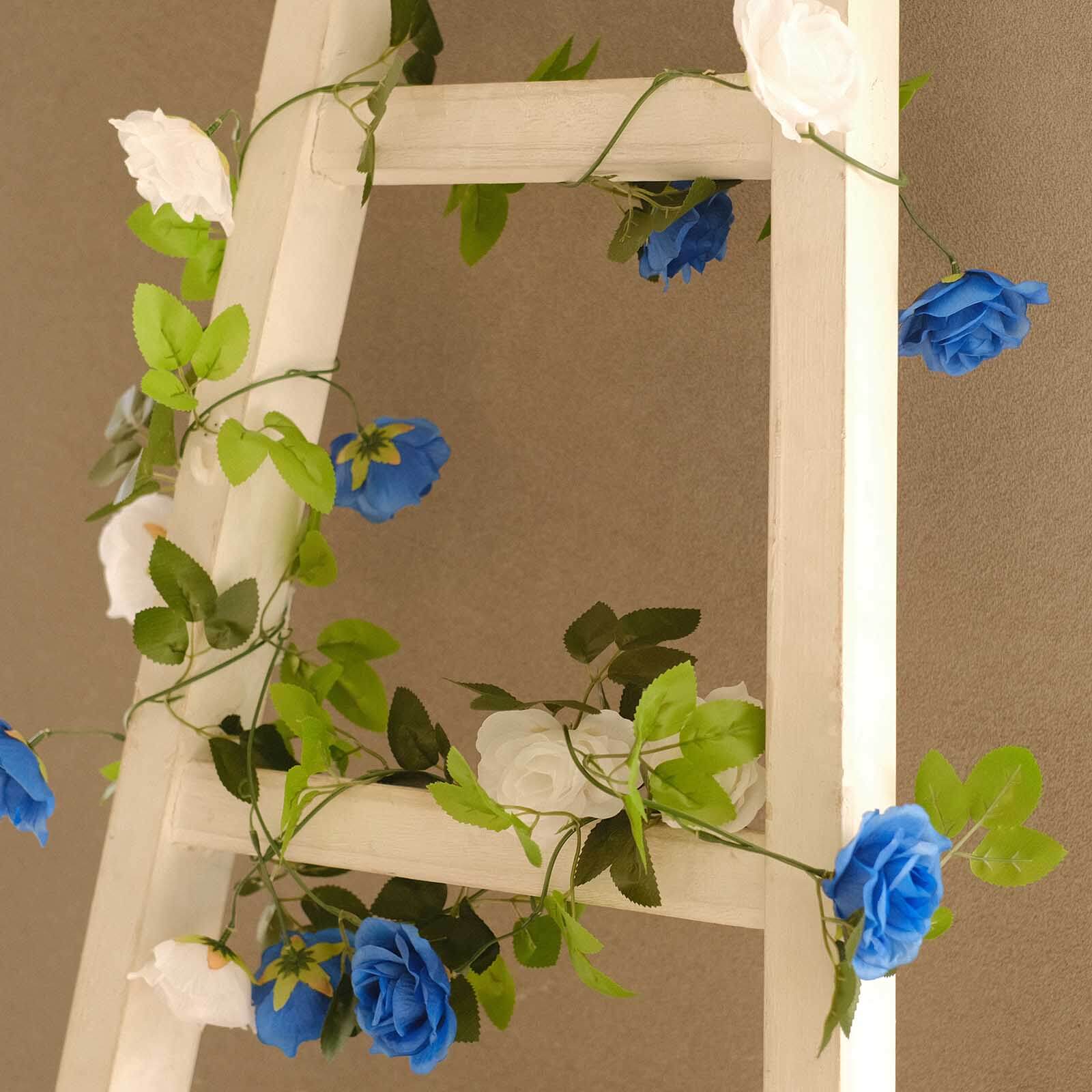 2 Pack 7ft White Royal Blue Artificial Silk Flower Garland Mini Rose Vines with 26 Flower Heads