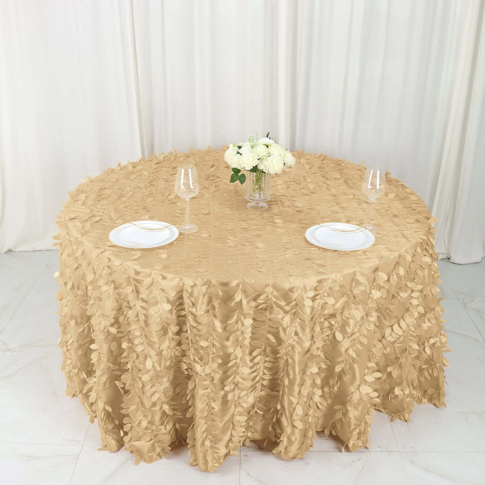 Taffeta 132 Round Tablecloth Champagne Leaf | 3D Leaf Petal Design Seamless Table Cover