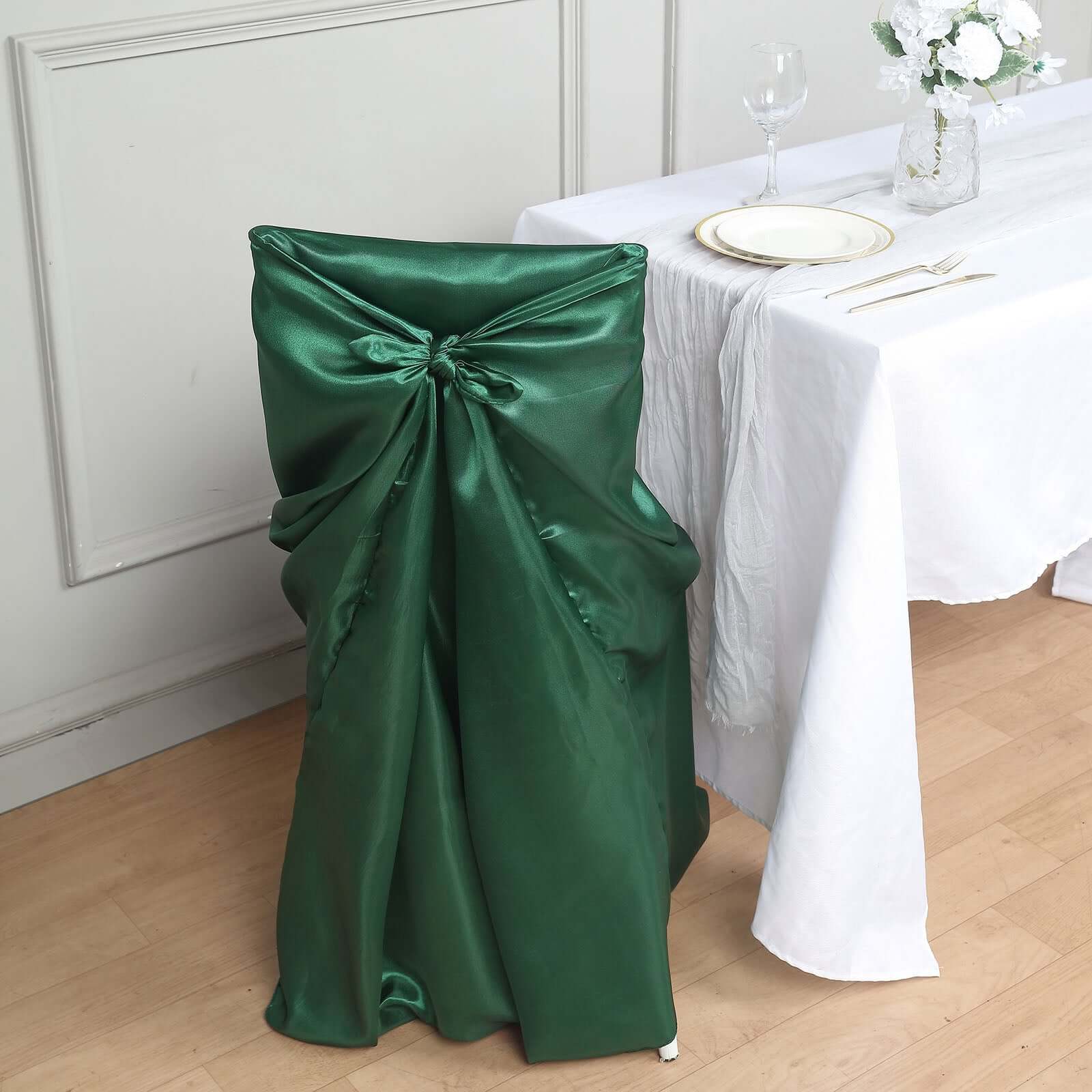 Satin Chair Cover Self-Tie Universal Design Hunter Emerald Green - Durable Slip-On Cover for Folding, Dining, Banquet & Standard Chairs